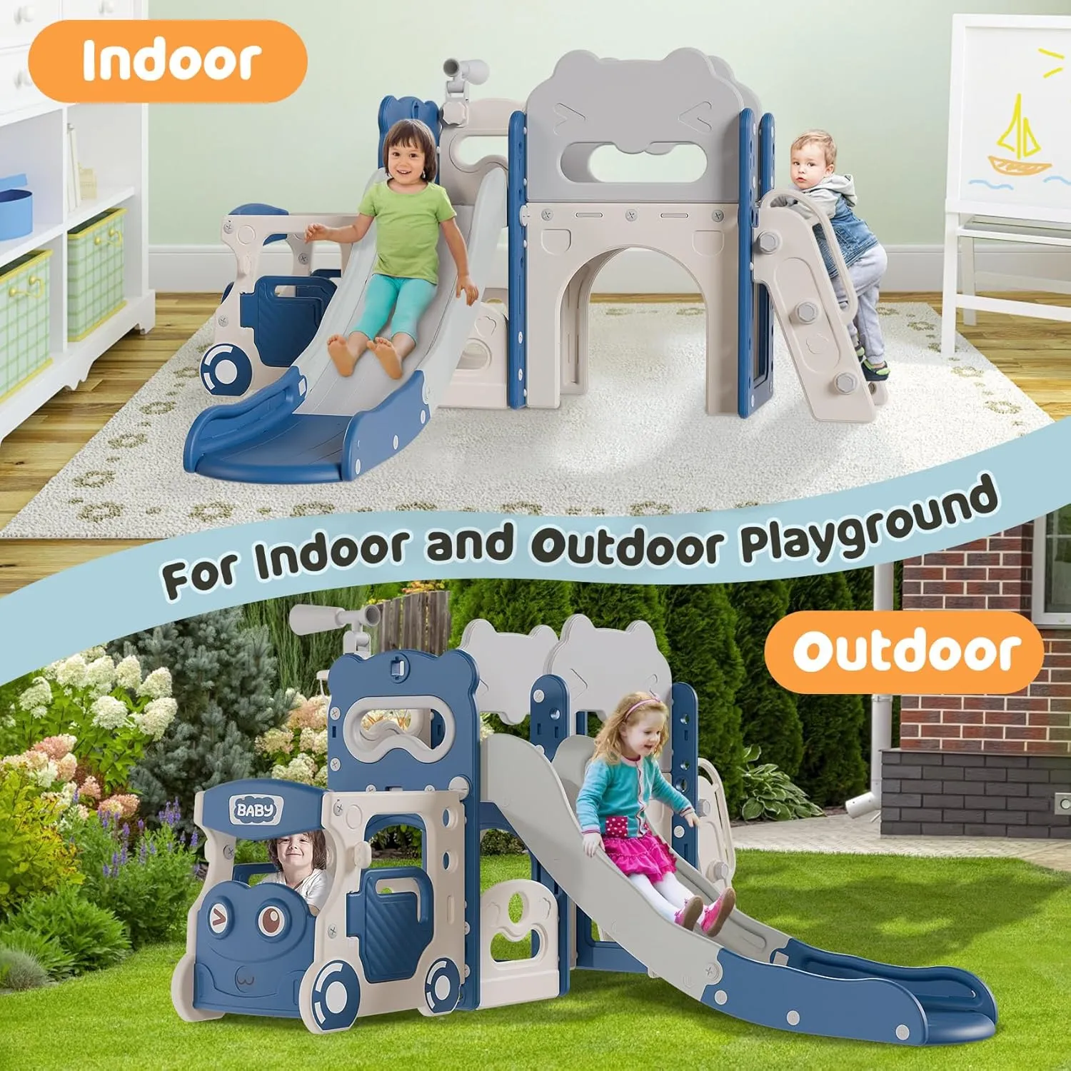 Babytronic Toddler Slide, 9 in 1 Kids Indoor Bus Slide for Toddlers 1-3, Baby Indoor Outdoor Slide with Basketball Hoop and Bus Play House, Bus Toddler Slide Playset Toddler Playground(Blue&Gray)