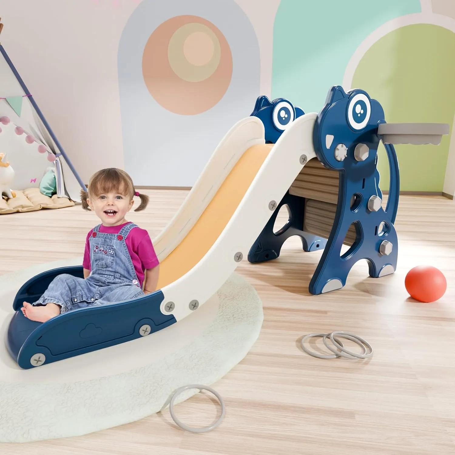 Babytronic Toddler Slide, Kids Indoor Outdoor Playset with Basketball Hoop & Ring Toss, Foldable Baby Plastic Climber for Kids Age 1-3 (Blue&Yellow)