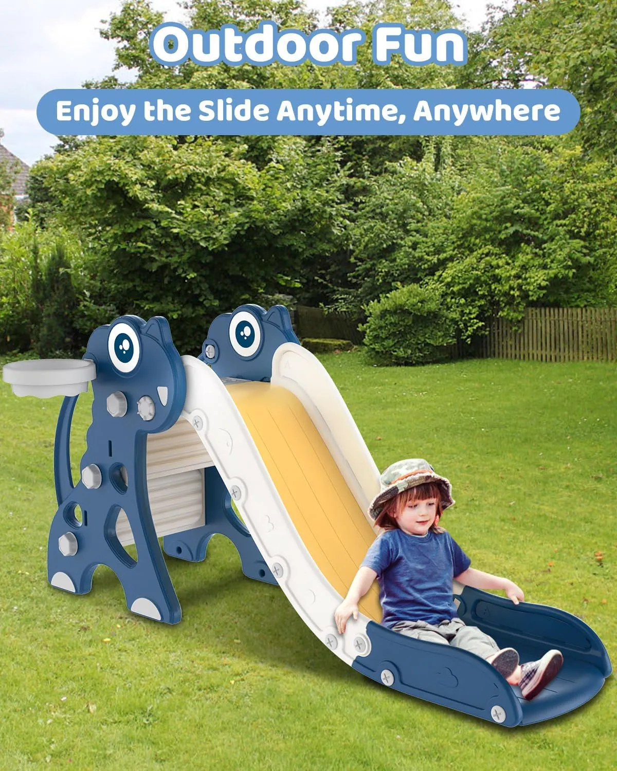 Babytronic Toddler Slide, Kids Indoor Outdoor Playset with Basketball Hoop & Ring Toss, Foldable Baby Plastic Climber for Kids Age 1-3 (Blue&Yellow)