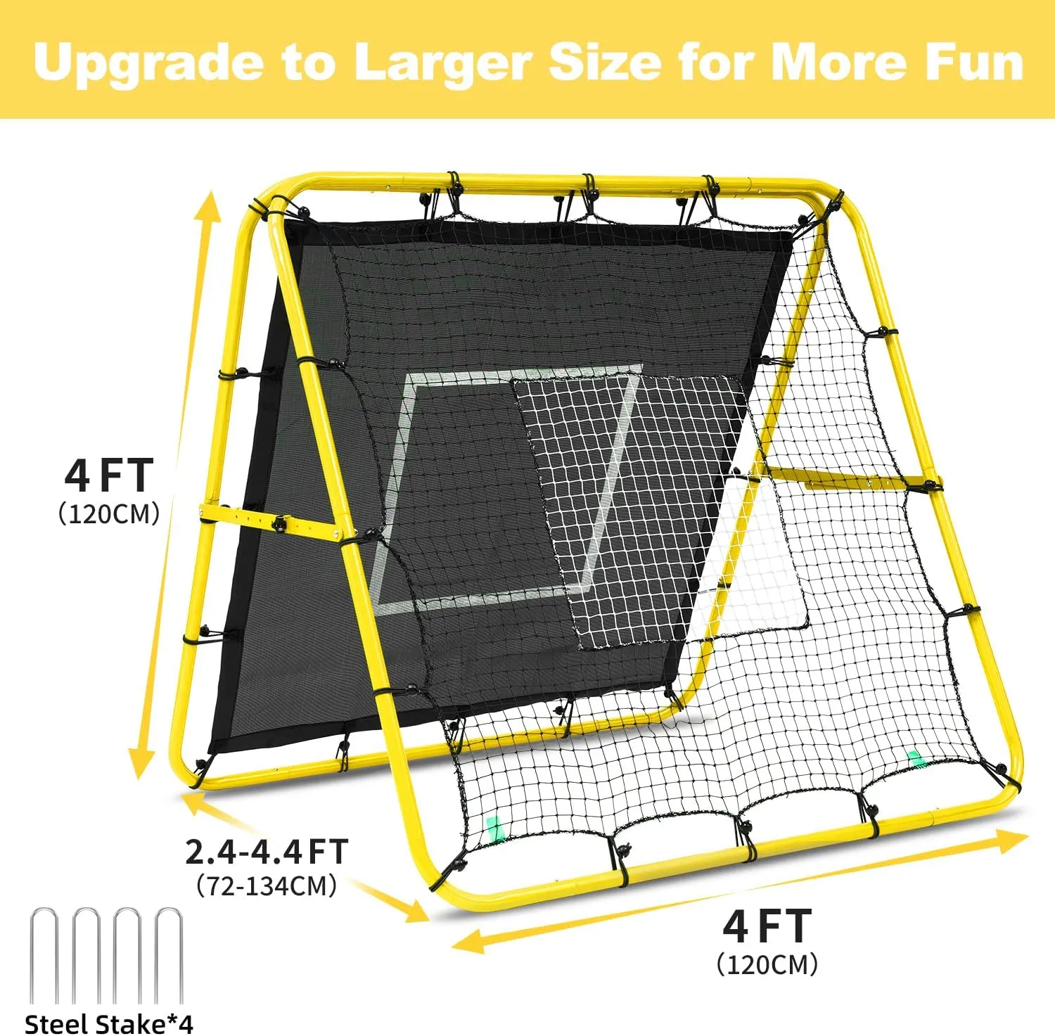 BAGAIL Double Sided Rebounder Net - 4 x 4 Ft Soccer, Baseball & Softball Pitch-Back Rebound Net - Ground, Line Drive & Fly Ball Return Settings - Fielding Trainer with Target for Skills Training