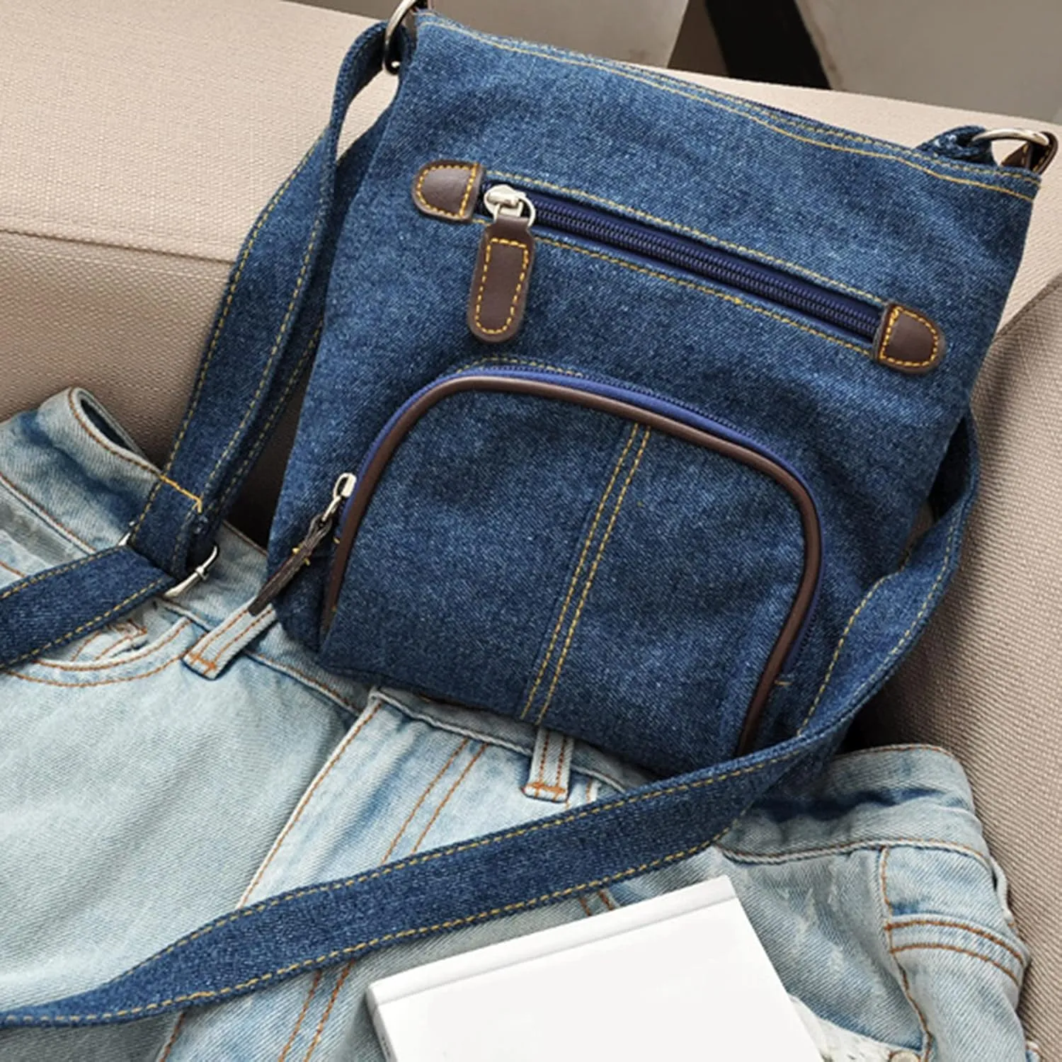 Bags Ladies Fashion Solid Color Denim Functional Zipper Casual Messenger Bag Travel Messenger Bag (Blue, One Size)