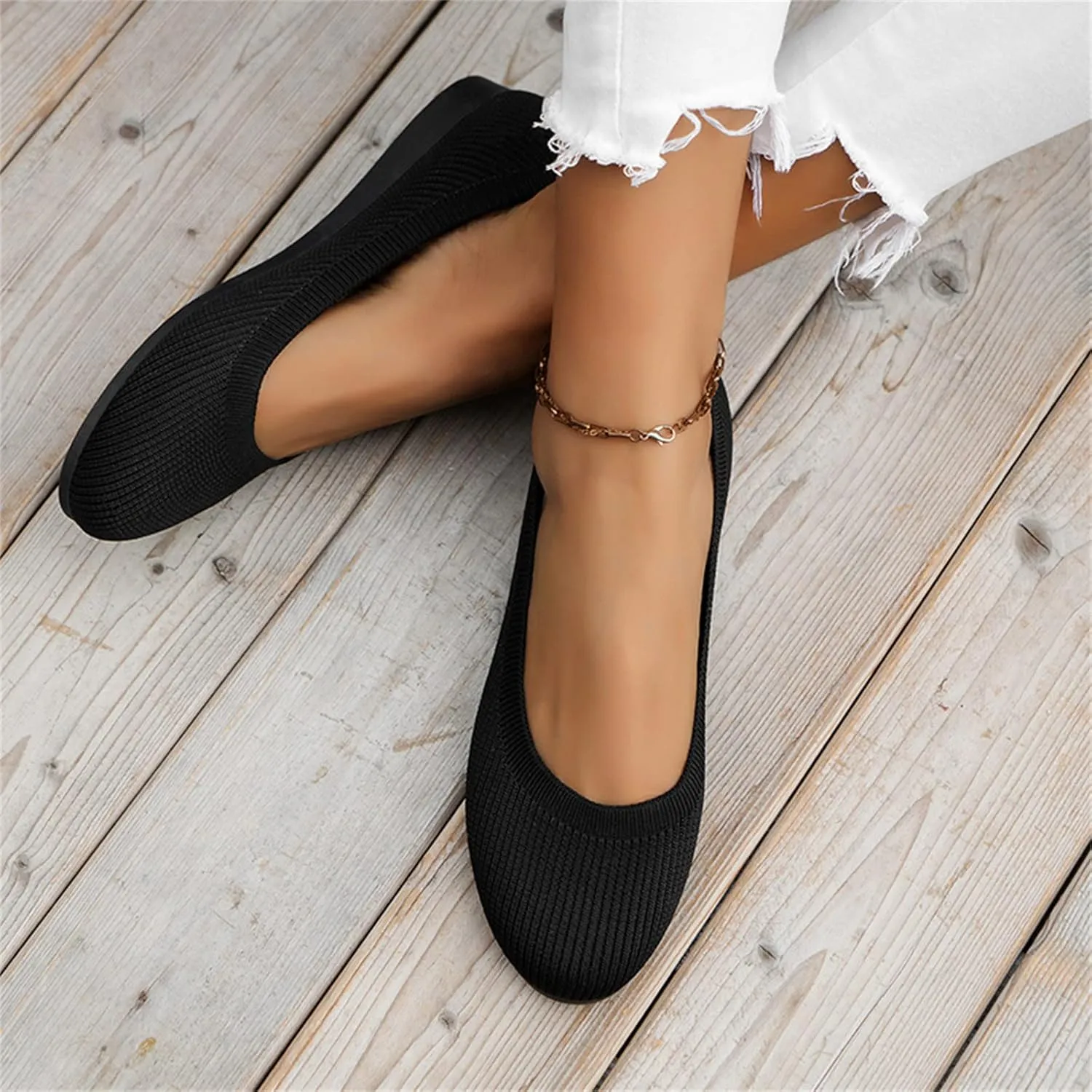 Ballet Flats for Women Knit Flats Shoes Comfortable Slip On Loafers Casual Work Shoes Round Toe Office Shoes