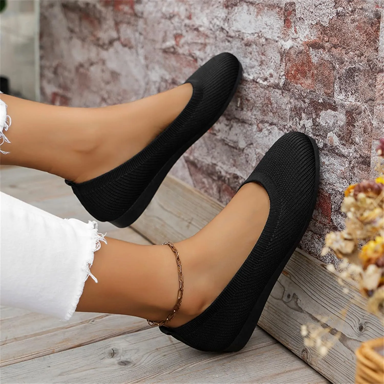 Ballet Flats for Women Knit Flats Shoes Comfortable Slip On Loafers Casual Work Shoes Round Toe Office Shoes
