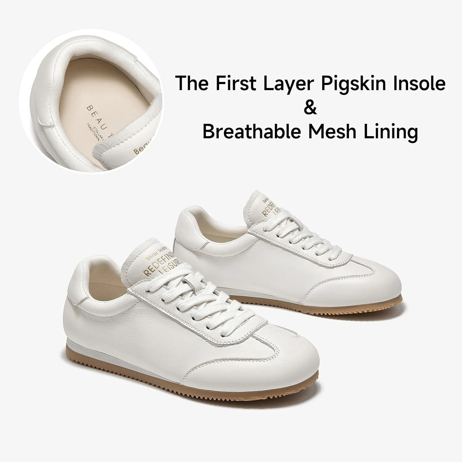 BEAU TODAY Leather Sneakers for Women, Womens Fashion Sneakers, Breathable Comfort Casual Tennis Shoes, Lightweight Lace-up Tennis Runnig Trainer Shoes