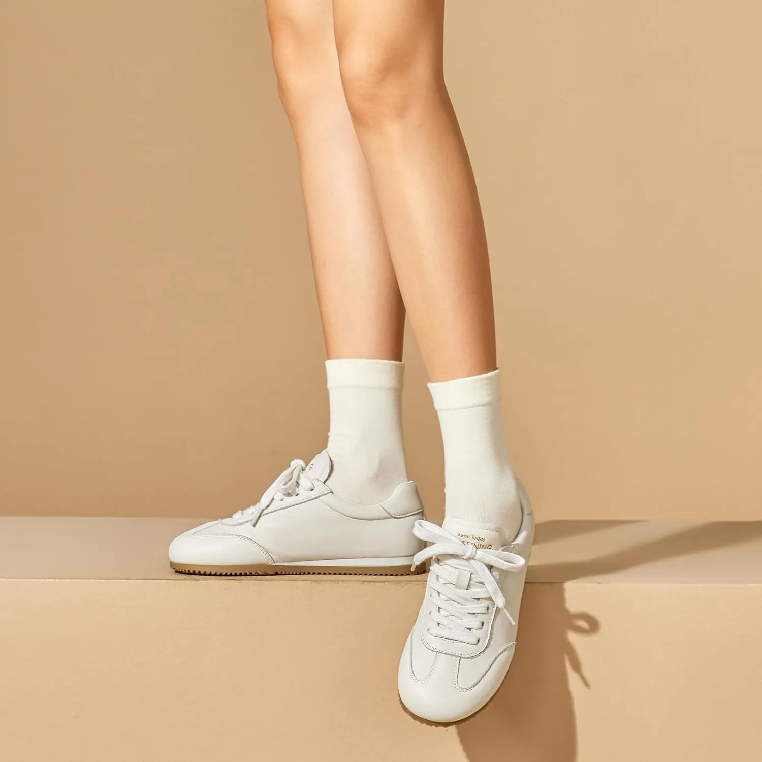 BEAU TODAY Leather Sneakers for Women, Womens Fashion Sneakers, Breathable Comfort Casual Tennis Shoes, Lightweight Lace-up Tennis Runnig Trainer Shoes