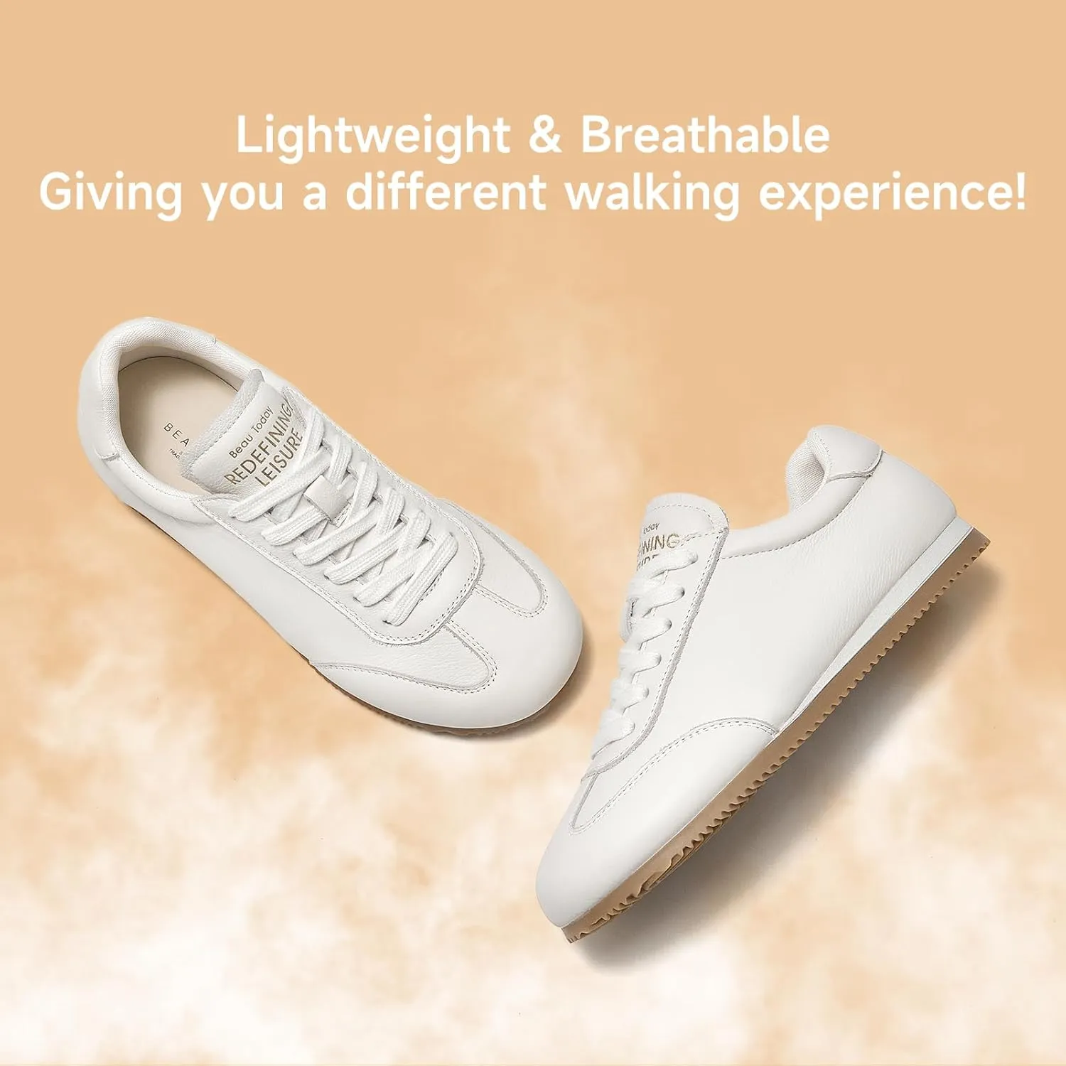 BEAU TODAY Leather Sneakers for Women, Womens Fashion Sneakers, Breathable Comfort Casual Tennis Shoes, Lightweight Lace-up Tennis Runnig Trainer Shoes