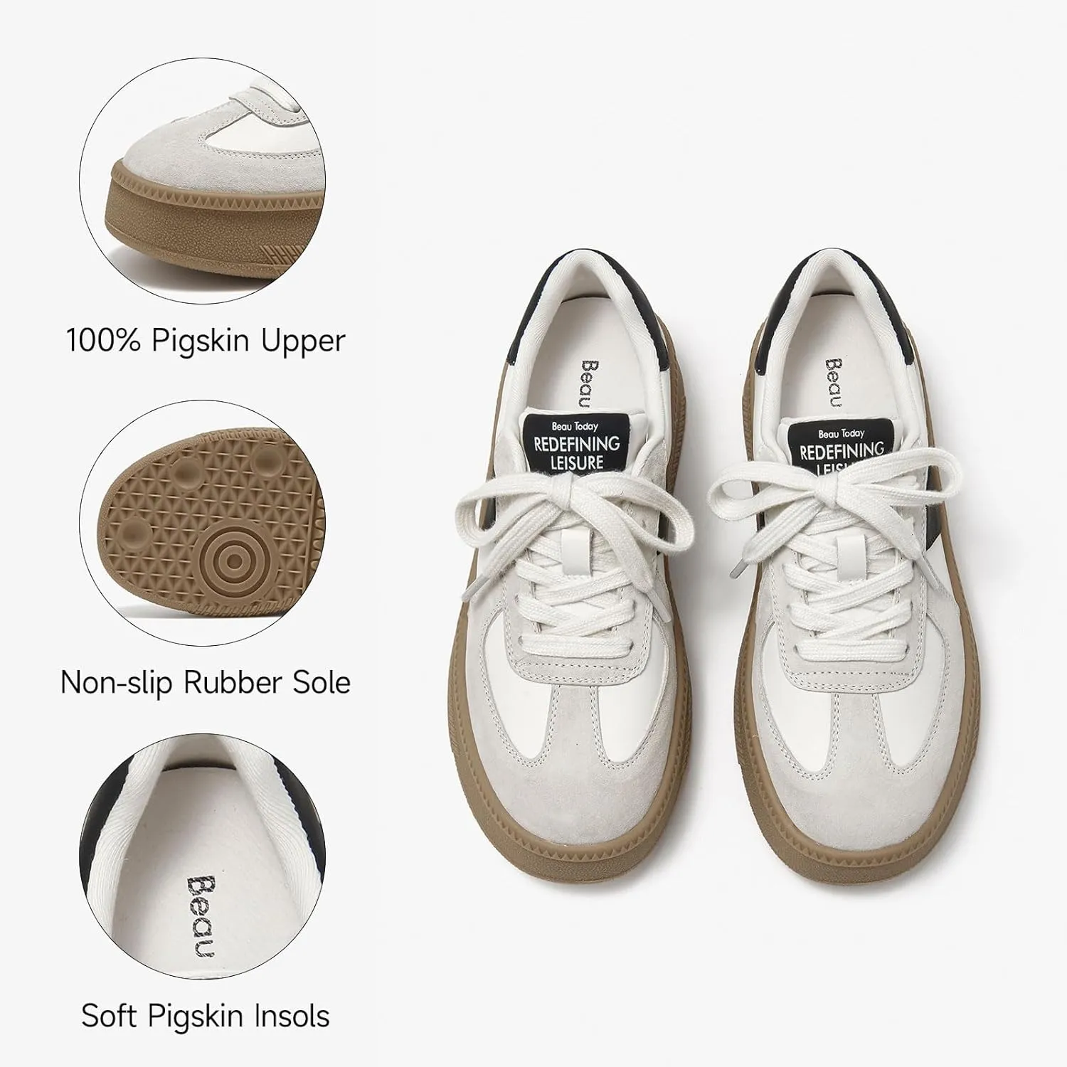 BEAU TODAY Womens Platform Retro Sneakers, Fashion Sneakers for Women, Casual Suede Leather Sneakers, Comfortable Lace Up Non-Slip Walking Tennis Trainer Shoes