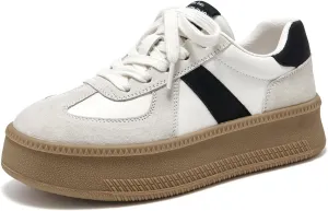 BEAU TODAY Womens Platform Retro Sneakers, Fashion Sneakers for Women, Casual Suede Leather Sneakers, Comfortable Lace Up Non-Slip Walking Tennis Trainer Shoes