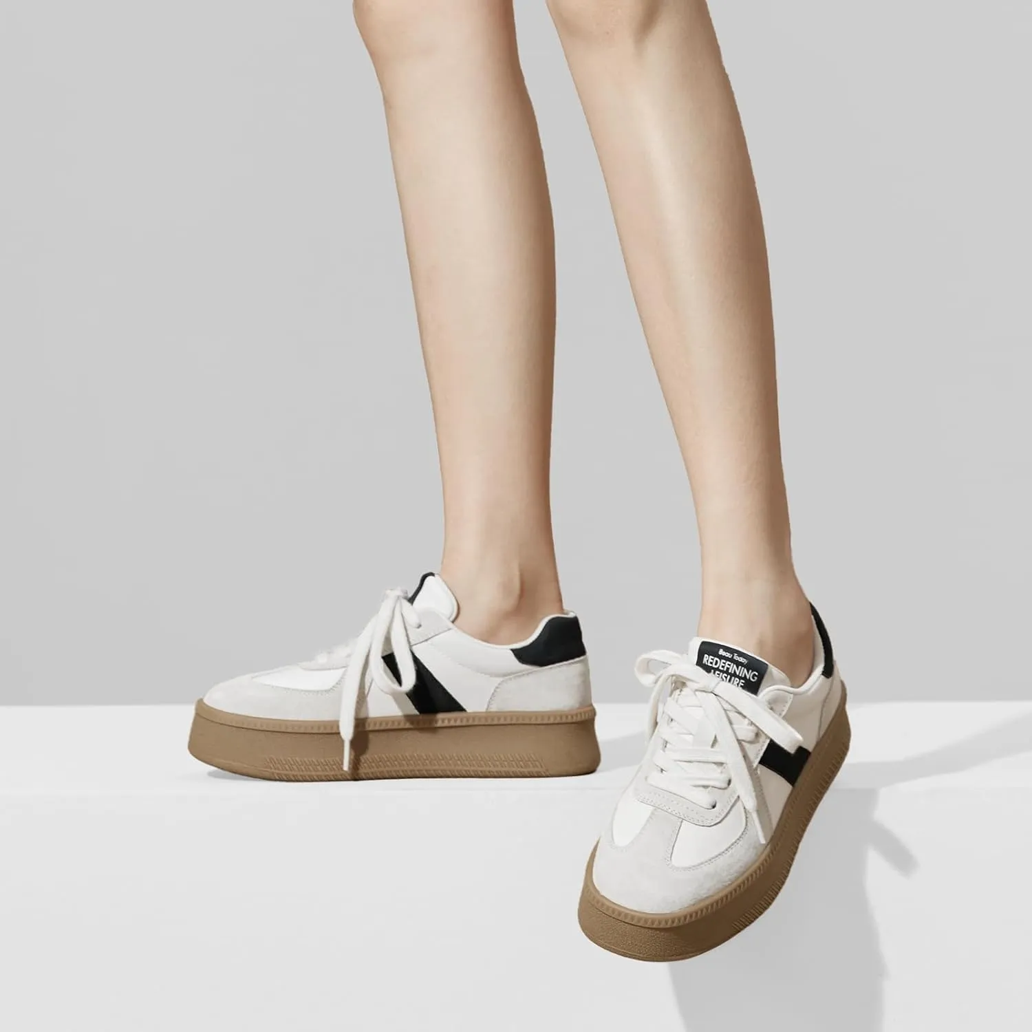 BEAU TODAY Womens Platform Retro Sneakers, Fashion Sneakers for Women, Casual Suede Leather Sneakers, Comfortable Lace Up Non-Slip Walking Tennis Trainer Shoes
