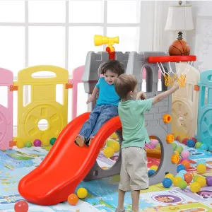 BETTARY 5 in 1 Toddler Slide, Freestanding Indoor Outdoor Playground with Basketball Hoop, Telescope, Crawl Through Space & Easy Climb Stairs, Kids Climber Slide Playset for Babies, Boys & Girls