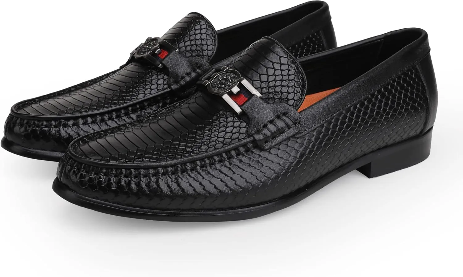 Black Mens Leather Dress Shoes, Premium Crocodile Print Moc-Toe Slip-on Loafer with Metal Buckle Penny Shoes for Mens