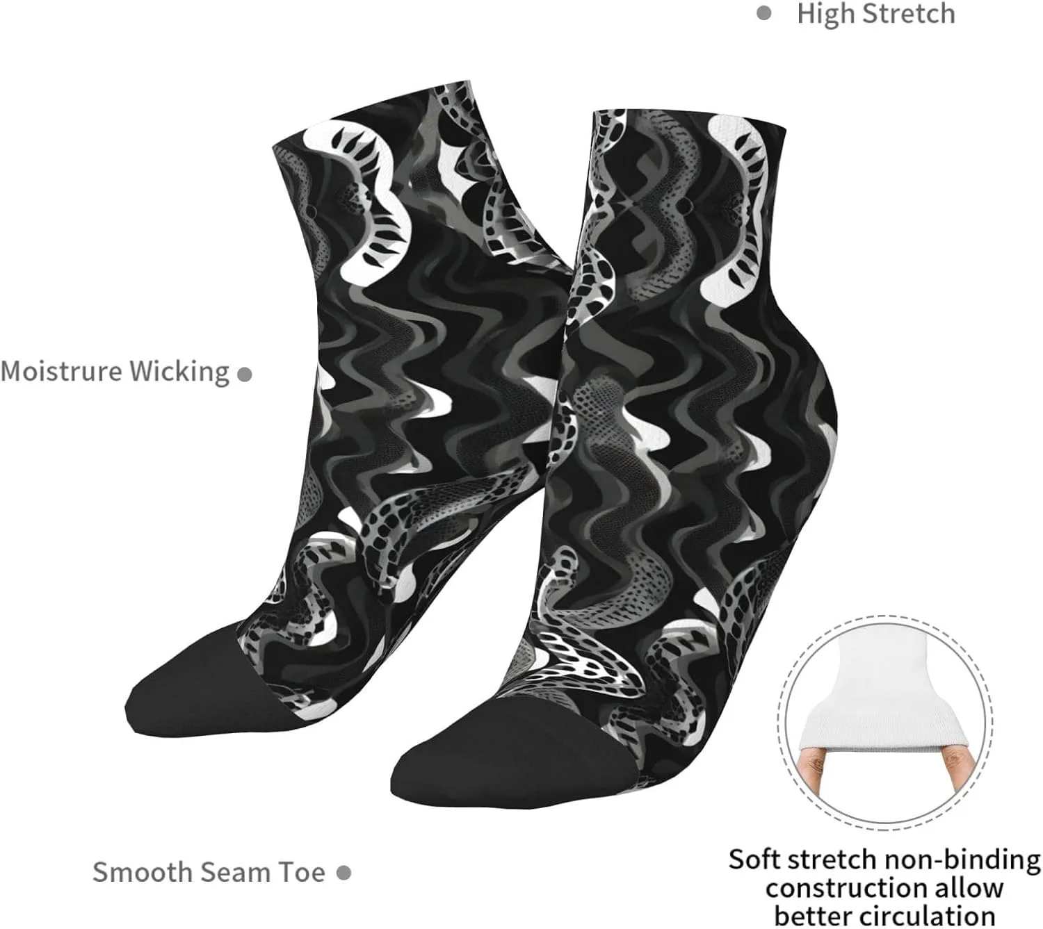 Black White Snake Skin pattern print Men's Moisture Wicking Socks for Work Sports Boot Socks Athletic Running Daily