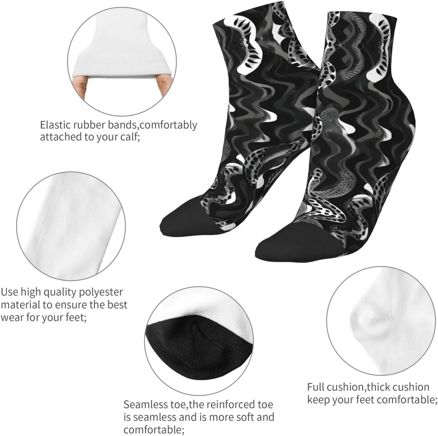 Black White Snake Skin pattern print Men's Moisture Wicking Socks for Work Sports Boot Socks Athletic Running Daily