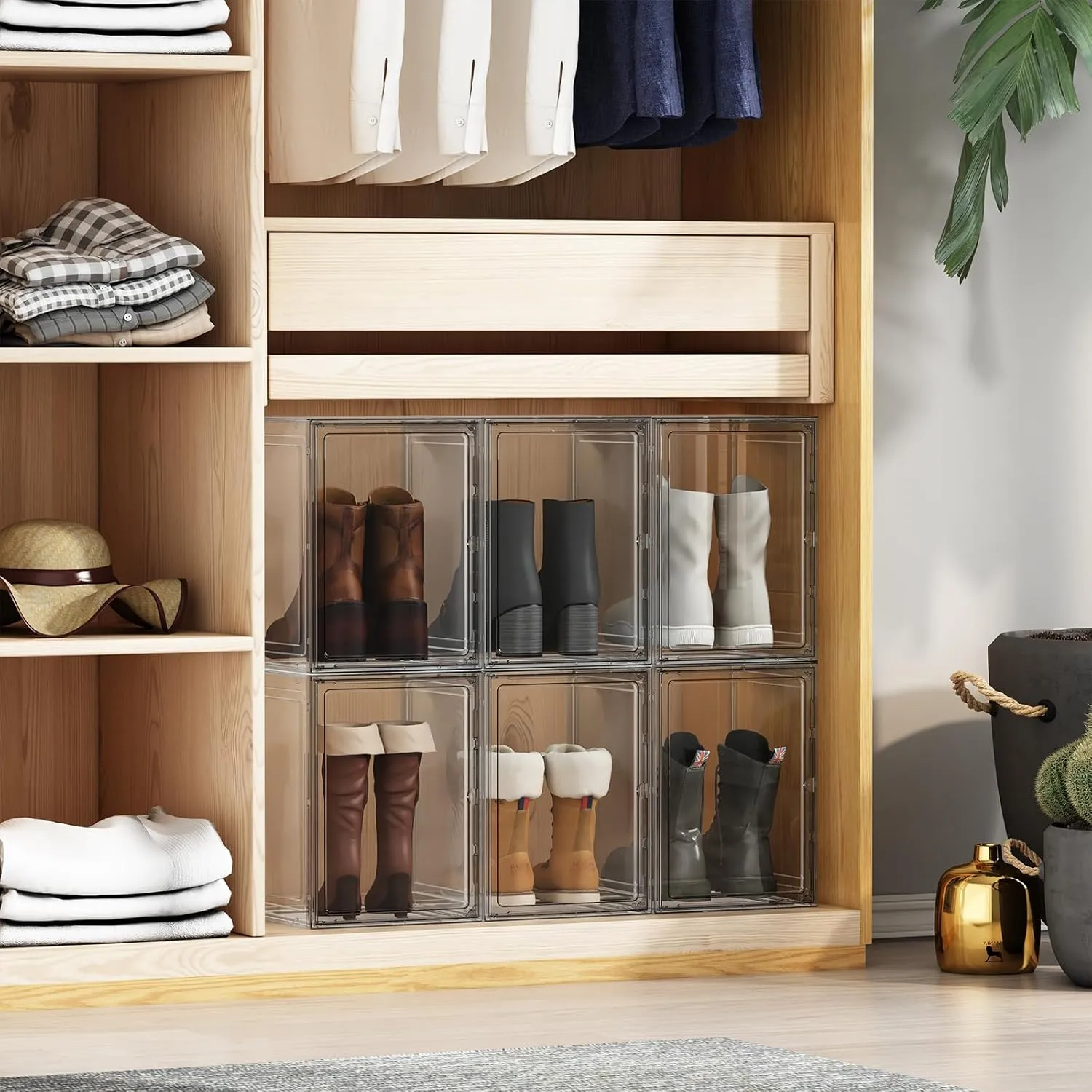 Boot Storage Organizer Tall Boots Organizer for Closet 5 Pack Clear Shoe Storage Boxes Stackable Boot Box, Heavy Duty Plastic Shoe Organizer with Magnetic Door, Boot Holder Display Case