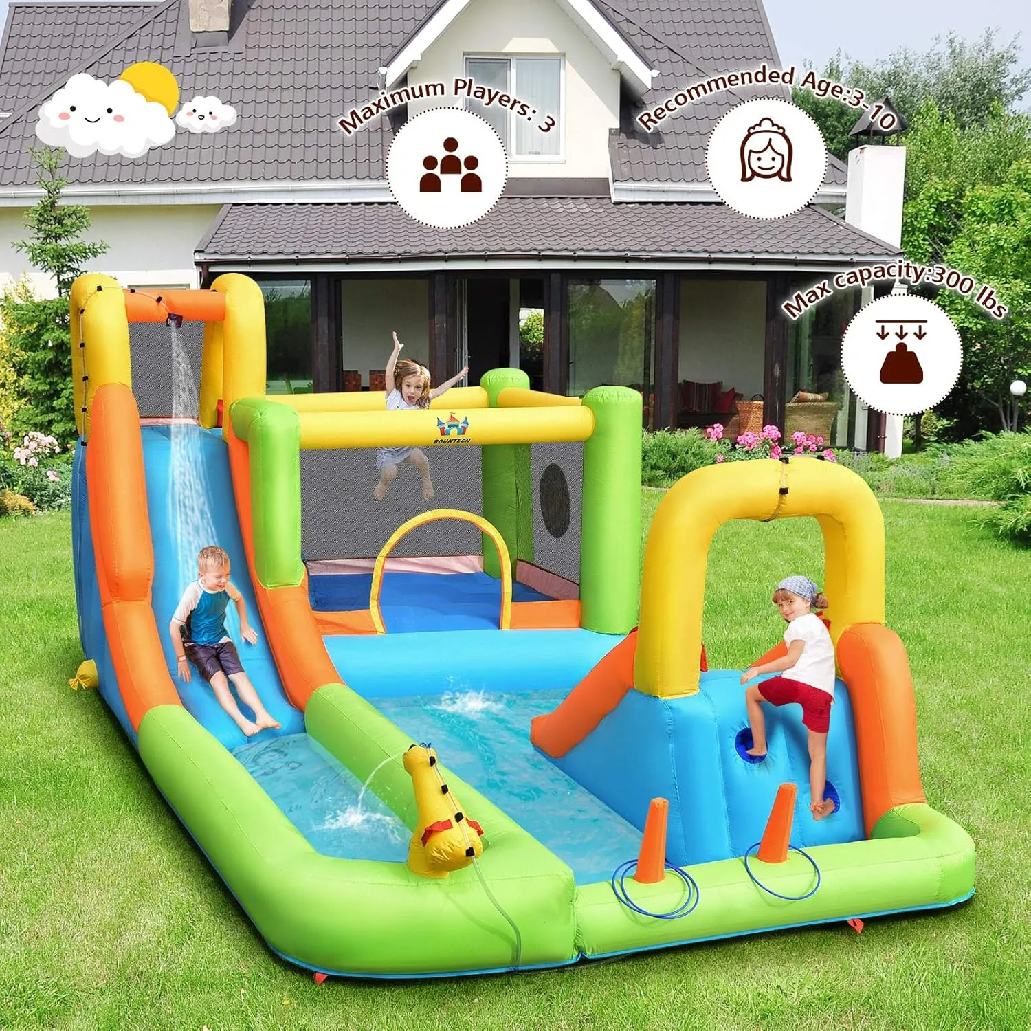 BOUNTECH Inflatable Water Slide, 8-in-1 Dual Slides Kids Water Park Jump Castle, Water Slides Inflatables for Outdoor with Splash Pool, Big Kids Backyard Party Water Slide Bounce House with Blower
