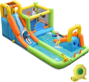 BOUNTECH Inflatable Water Slide, 8-in-1 Dual Slides Kids Water Park Jump Castle, Water Slides Inflatables for Outdoor with Splash Pool, Big Kids Backyard Party Water Slide Bounce House with Blower