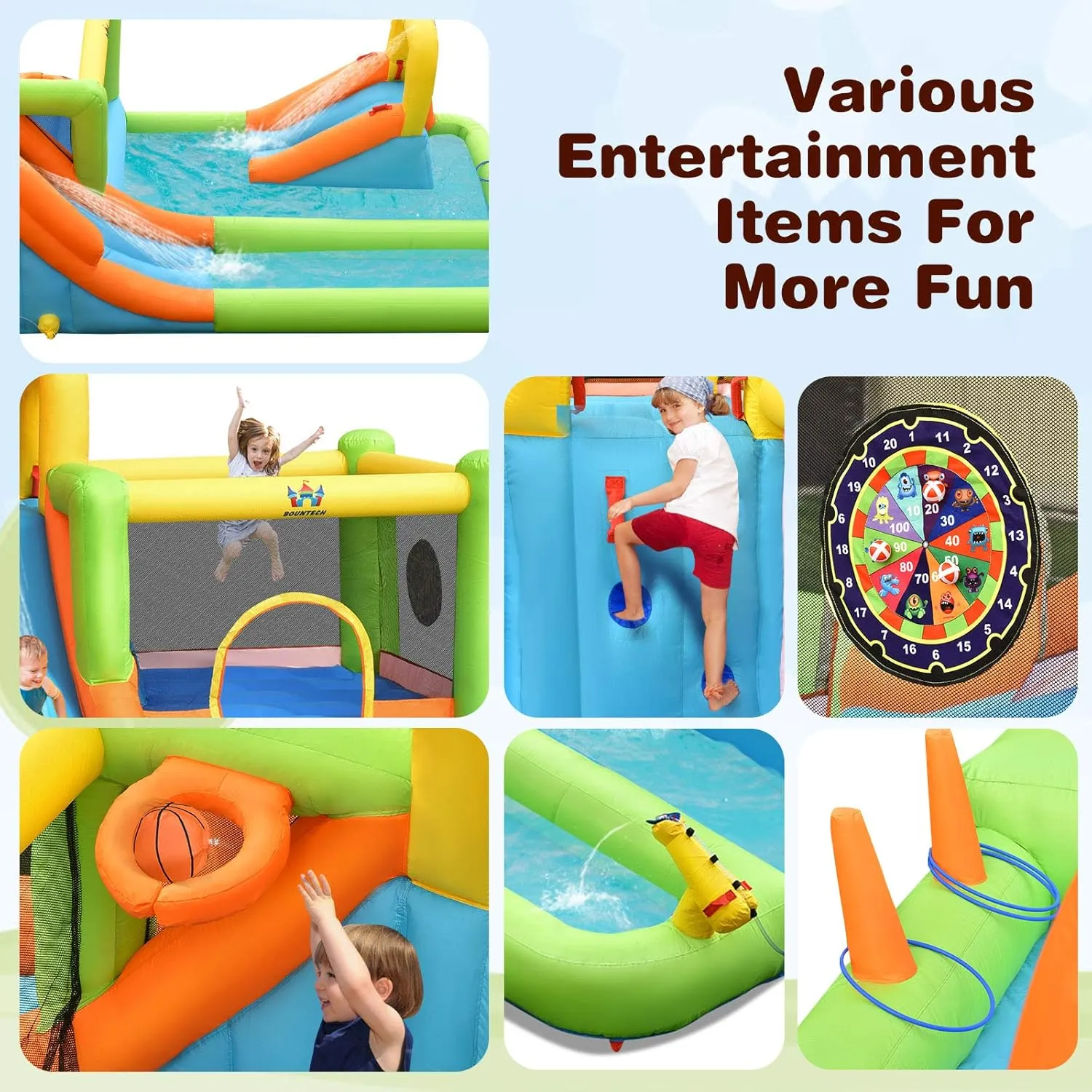 BOUNTECH Inflatable Water Slide, 8-in-1 Dual Slides Kids Water Park Jump Castle, Water Slides Inflatables for Outdoor with Splash Pool, Big Kids Backyard Party Water Slide Bounce House with Blower