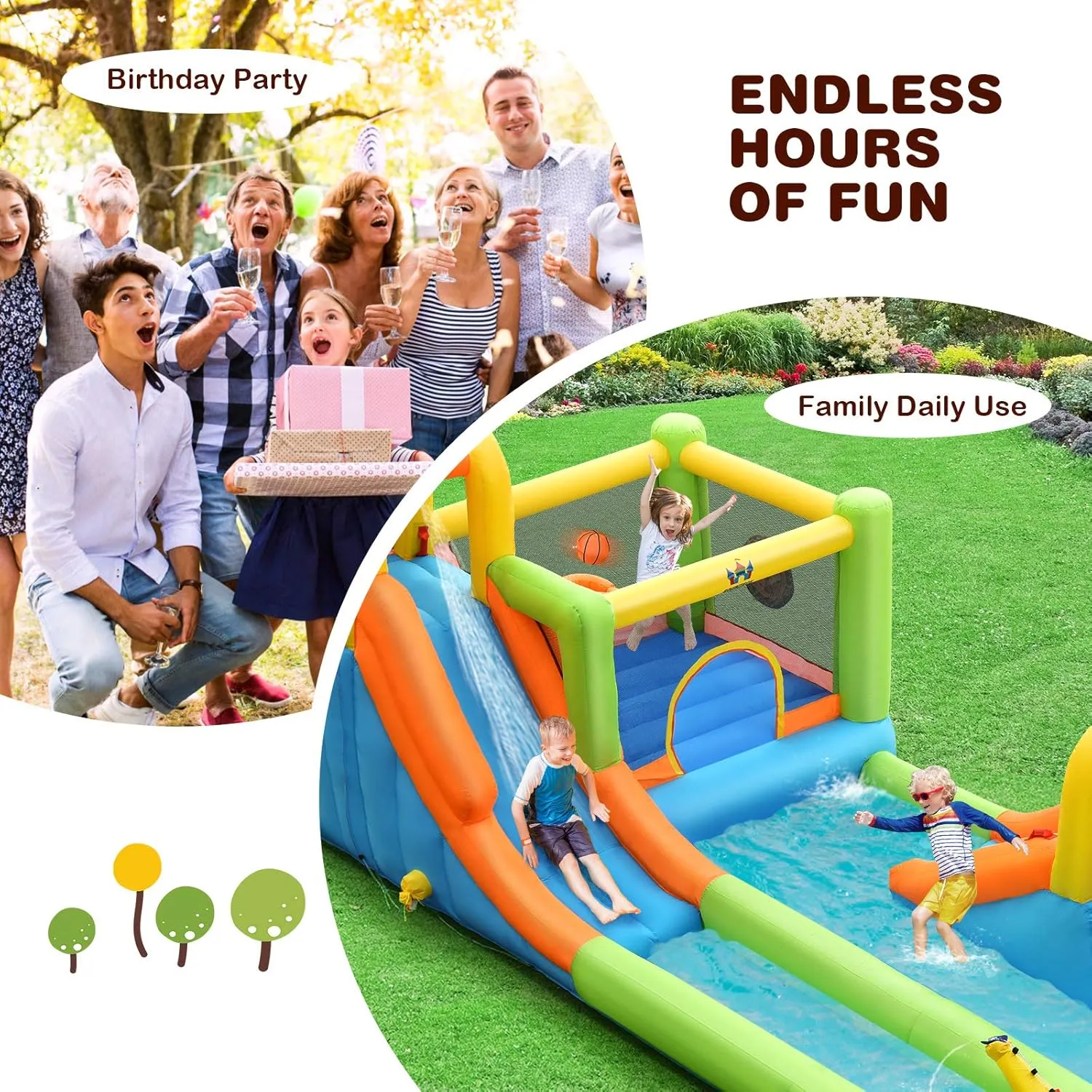 BOUNTECH Inflatable Water Slide, 8-in-1 Dual Slides Kids Water Park Jump Castle, Water Slides Inflatables for Outdoor with Splash Pool, Big Kids Backyard Party Water Slide Bounce House with Blower