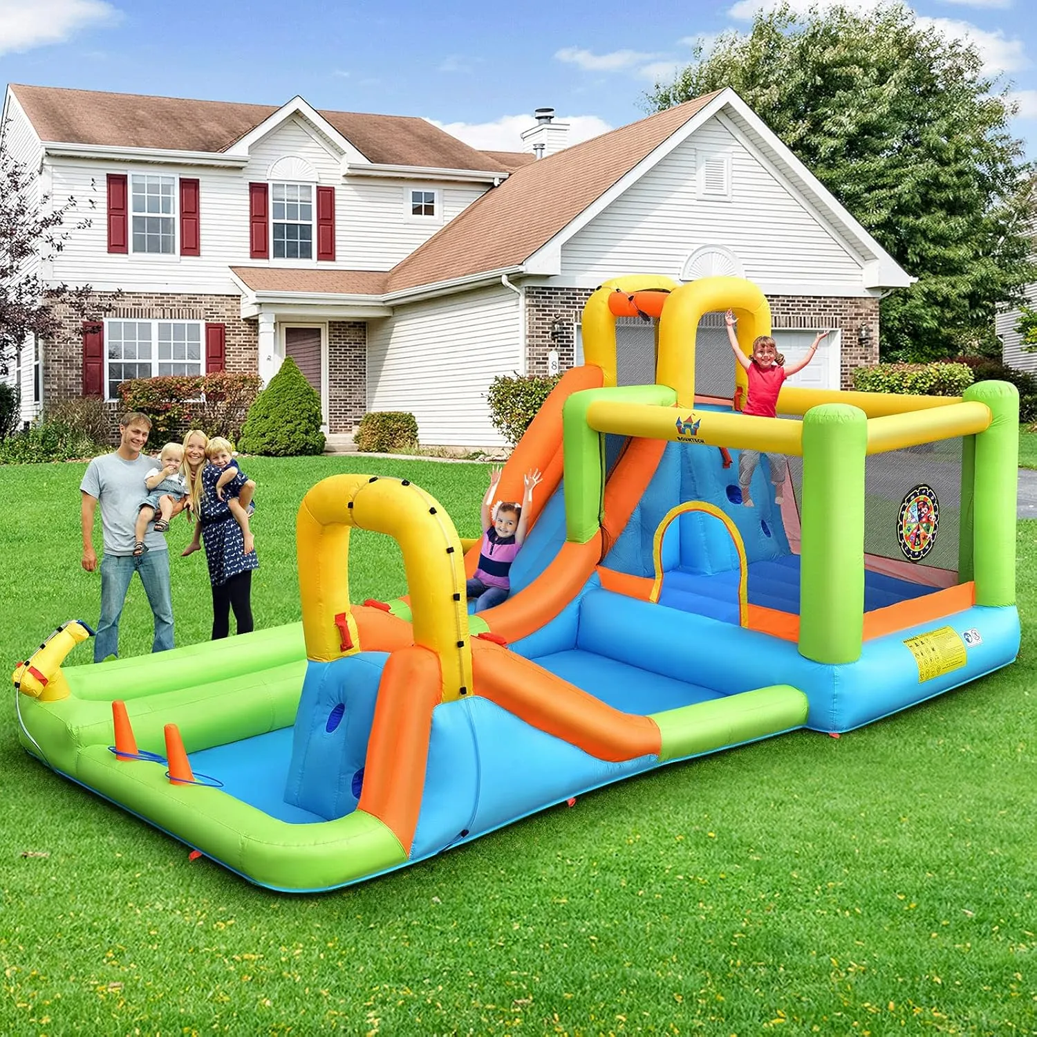 BOUNTECH Inflatable Water Slide, 8-in-1 Dual Slides Kids Water Park Jump Castle, Water Slides Inflatables for Outdoor with Splash Pool, Big Kids Backyard Party Water Slide Bounce House with Blower