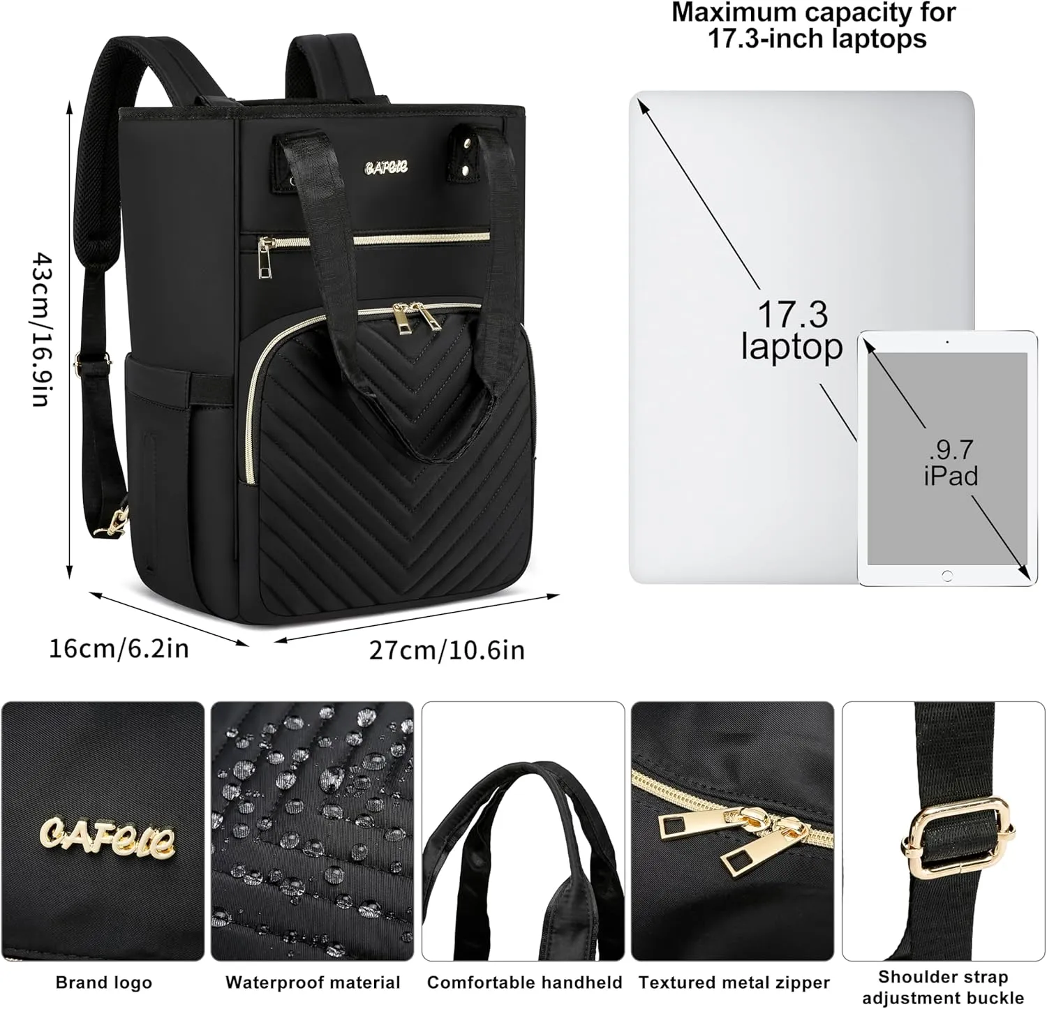 CAFELE Laptop Backpack for Women 17 inch,Quilted Convertible Backpack Tote Laptop Computer Work Bag,Cute Womens Travel Backpack Purse College Teacher Carry on Back pack with USB Port,Black(2322H-01)