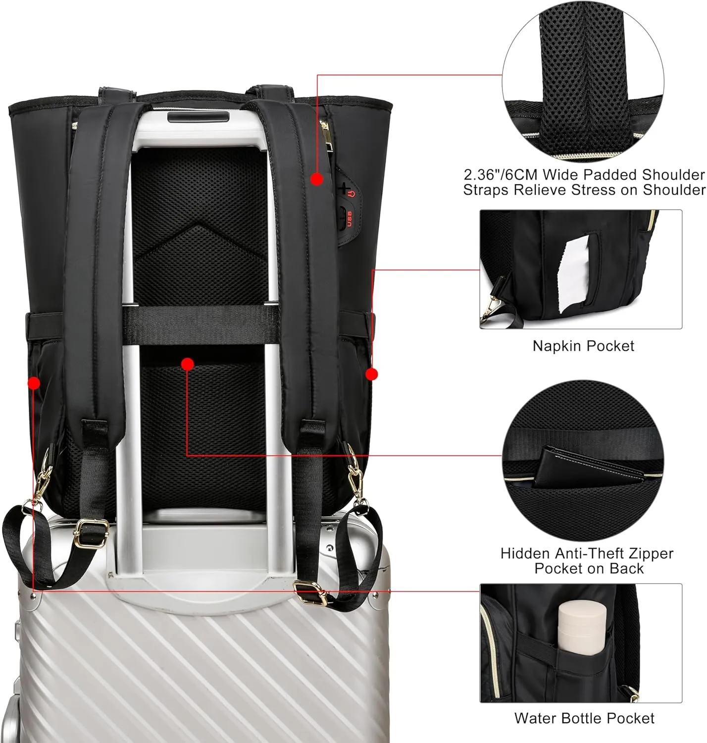 CAFELE Laptop Backpack for Women 17 inch,Quilted Convertible Backpack Tote Laptop Computer Work Bag,Cute Womens Travel Backpack Purse College Teacher Carry on Back pack with USB Port,Black(2322H-01)