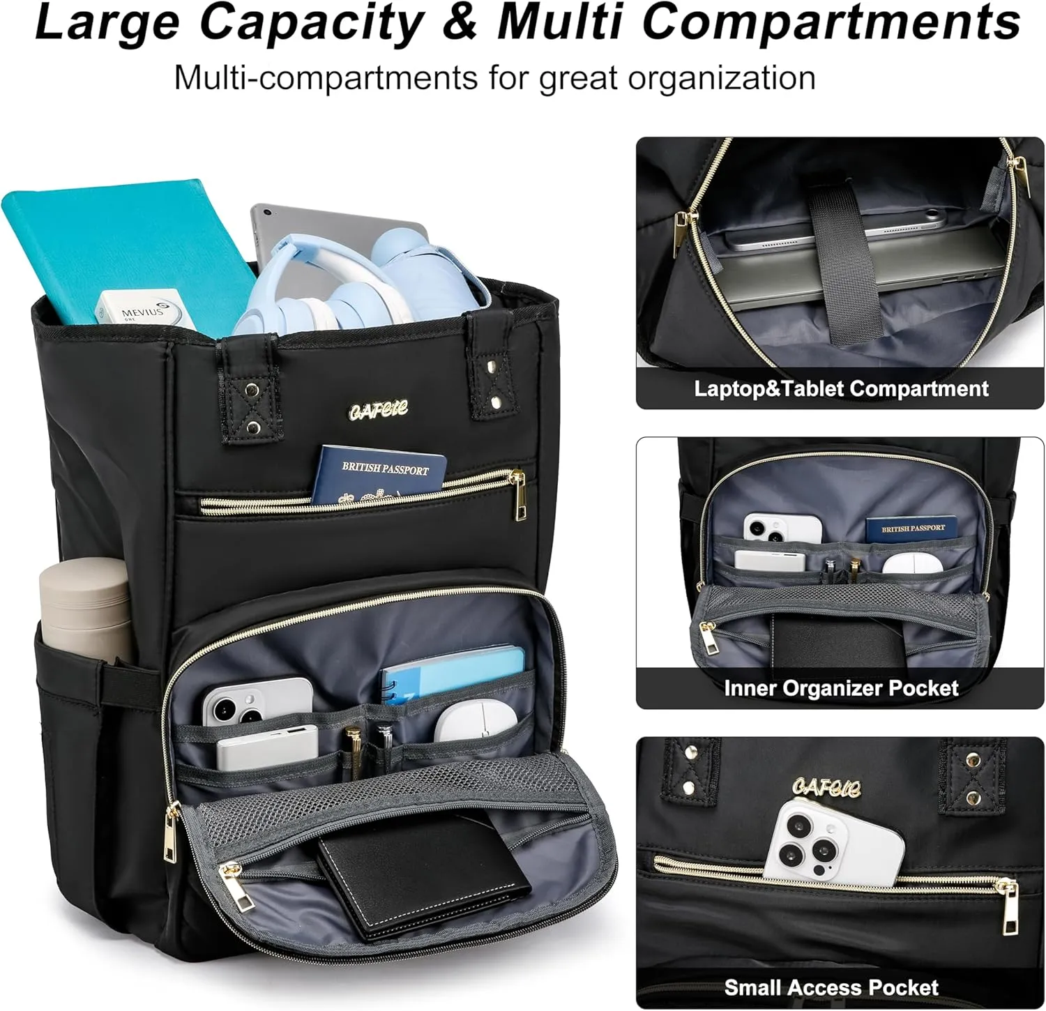 CAFELE Laptop Backpack for Women 17 inch,Quilted Convertible Backpack Tote Laptop Computer Work Bag,Cute Womens Travel Backpack Purse College Teacher Carry on Back pack with USB Port,Black(2322H-01)