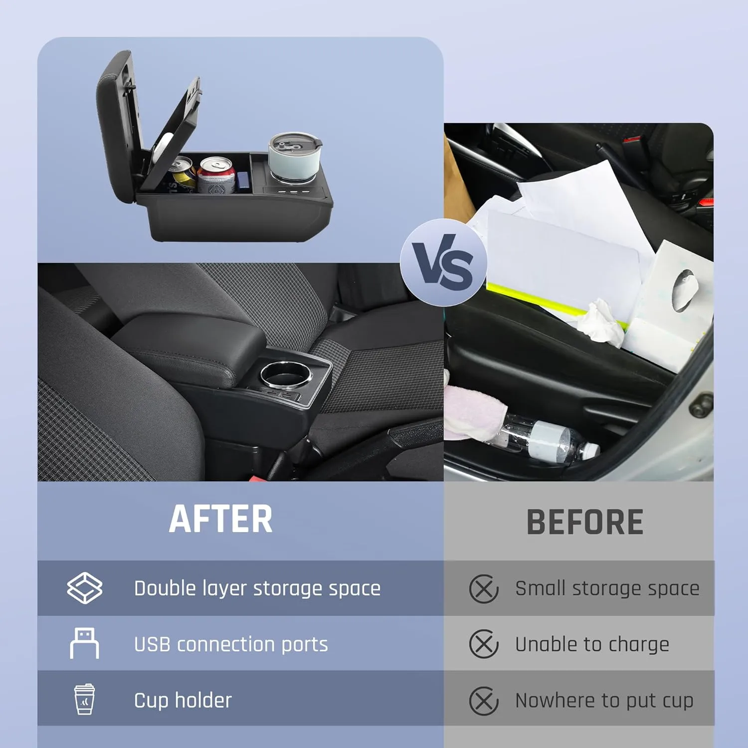 Car Armrest Storage Box for Mitsubishi Mirage Attrage 2014-2024 Double Layer Center Console for Mitsubishi Mirage Armrest Console with 6 USB Ports and Cup Holder Car Armrest Accessory (Black Thread)