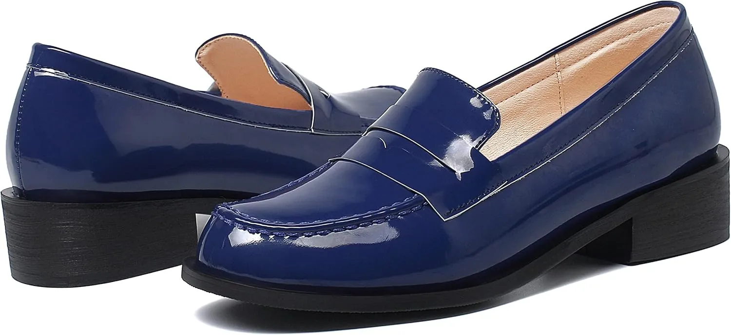 Caradise Women's Patent Leather Loafers Block Heel Slip On Casual Shoes