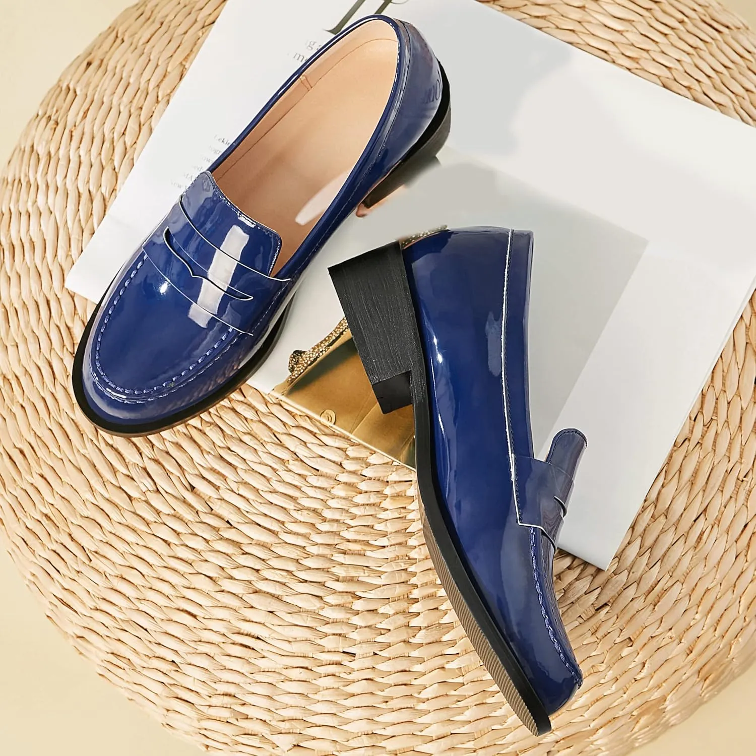 Caradise Women's Patent Leather Loafers Block Heel Slip On Casual Shoes