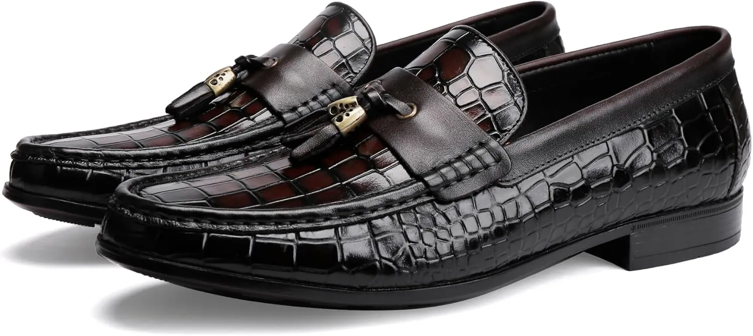 Classic Men's Leather Tassel Dress Shoes Formal Alligator Printed Business Penny Loafer Driving Party Wedding Shoes for Mens