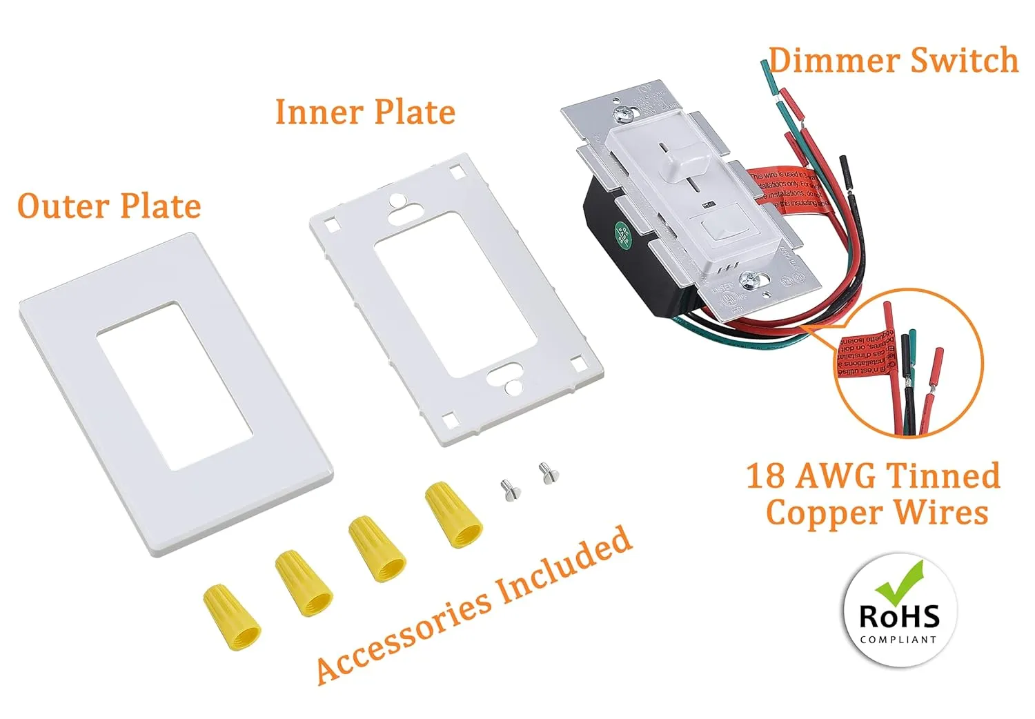 Cloudy Bay in Wall Dimmer Switch with Green Indicator,for LED Light/CFL/Incandescent, Single Pole &3-Way Dimmable Slide,600 Watt max,Cover Plate Included,White,UL Listed