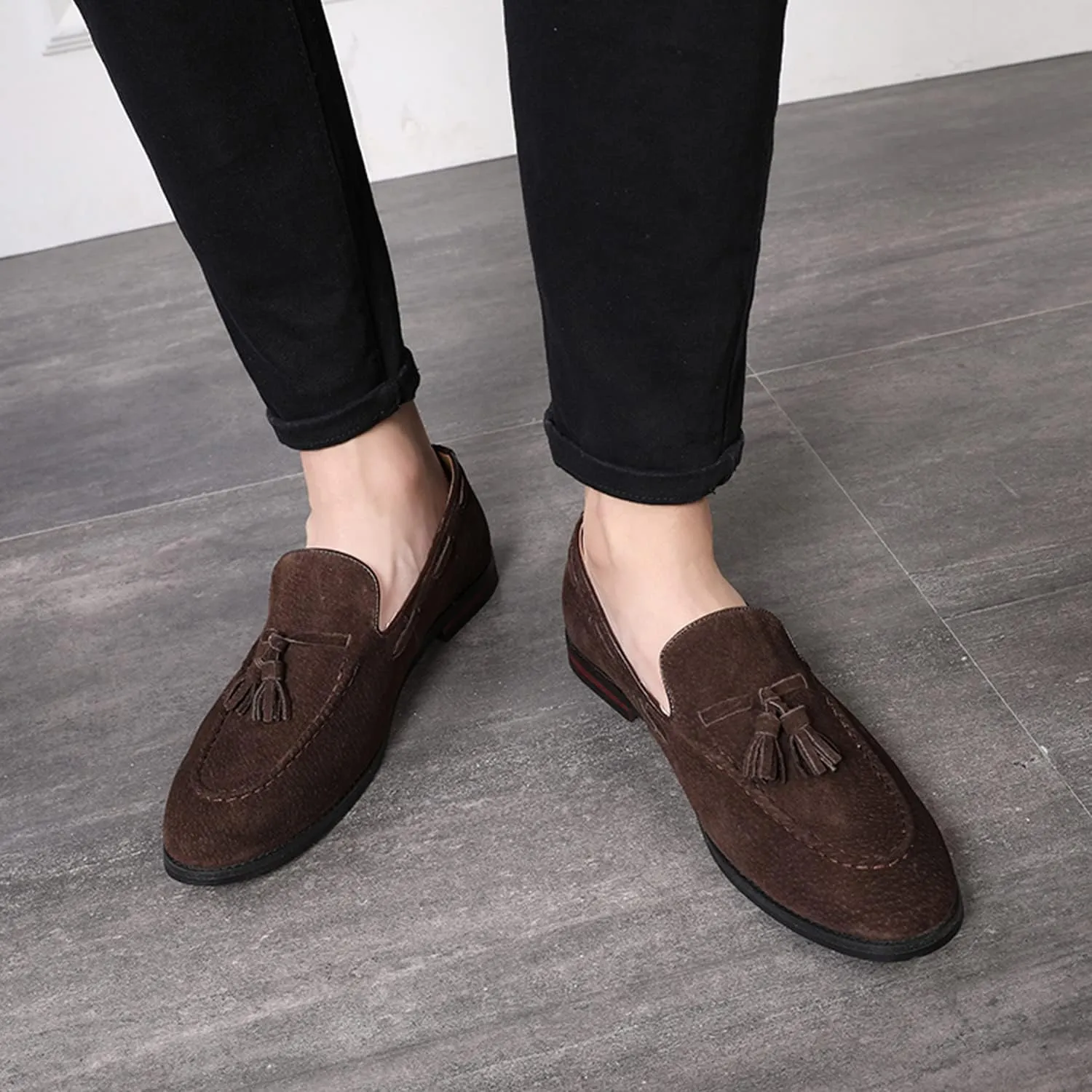 CMM Men's Suede Slippers Loafers Dress Shoes with Tassel Flats Slip-on Prom Loafer