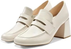Coutgo Womens Loafer Heels Block Chunky Heeled Penny Loafers Slip On Square Toe Business Work Dress Shoes