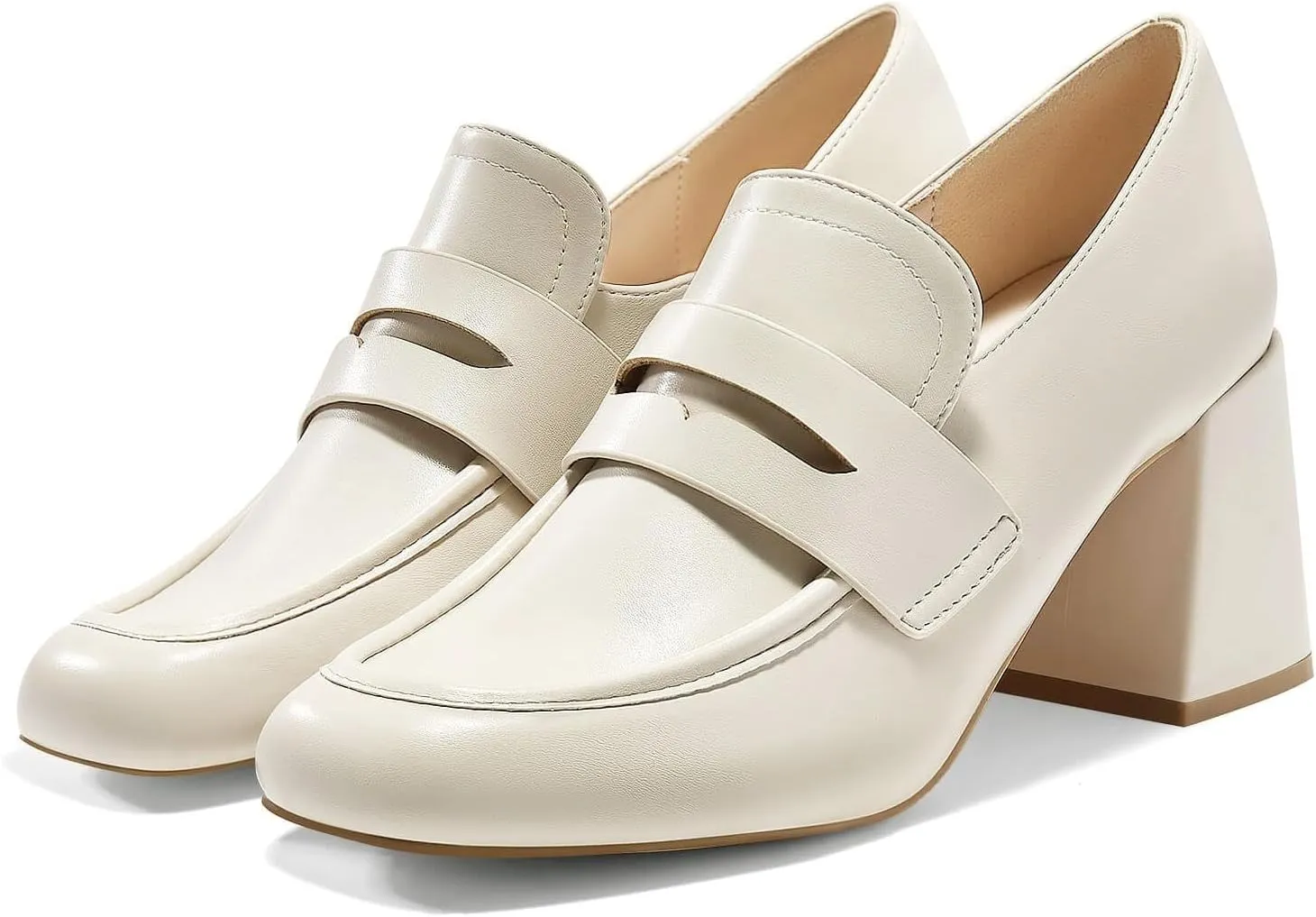 Coutgo Womens Loafer Heels Block Chunky Heeled Penny Loafers Slip On Square Toe Business Work Dress Shoes
