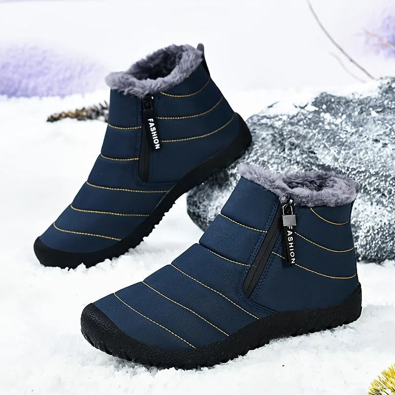 Cozy Fleece-Lined Men's Winter Snow Boots - Easy Zip, Non-Slip Ankle Protection for Outdoor Trekking | Casual Solid Color Style