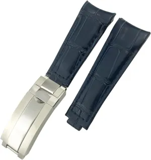 Curved End Genuine Leather 20mm Slide Lock Buckle Watchband for Rolex GMT Submariner Hulk Oyster Watch Strap (Color : Dark Blue, Size : 20mm RLX)