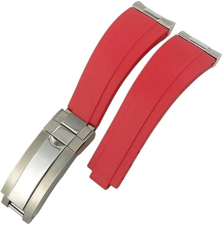 Curved End Metal Link Rubber Watchband 20mm for Daytona GMT Slide Lock Buckle Submariner Silicone Sport Watch Strap