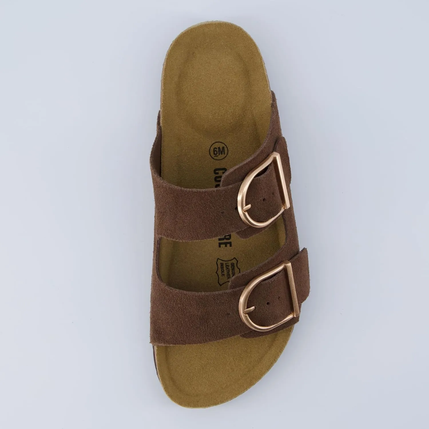 CUSHIONAIRE Legacy Cork Footbed Sandals for Women – Leather Double Strap Slides with Adjustable Buckles   Memory Foam