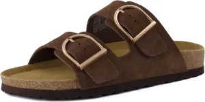 CUSHIONAIRE Legacy Cork Footbed Sandals for Women – Leather Double Strap Slides with Adjustable Buckles   Memory Foam