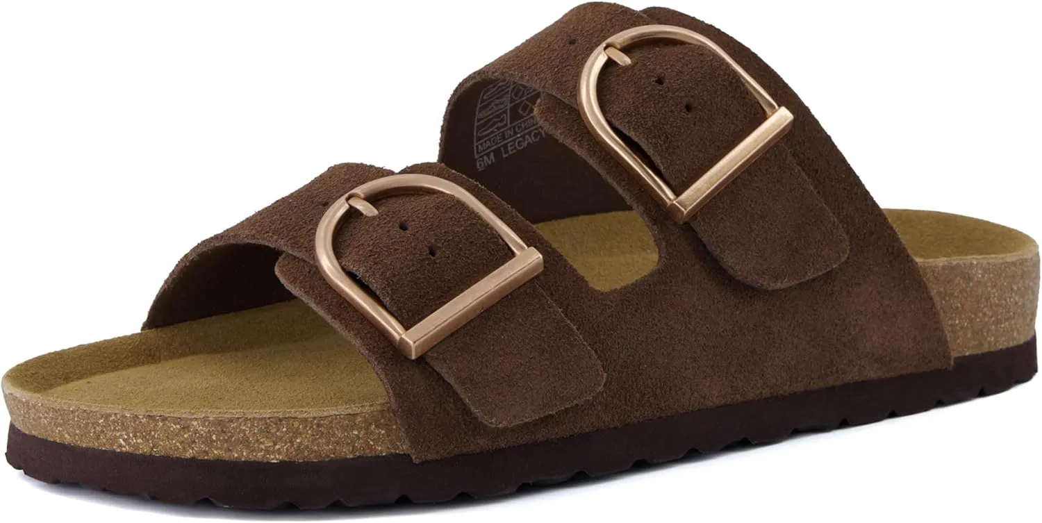 CUSHIONAIRE Legacy Cork Footbed Sandals for Women – Leather Double Strap Slides with Adjustable Buckles   Memory Foam