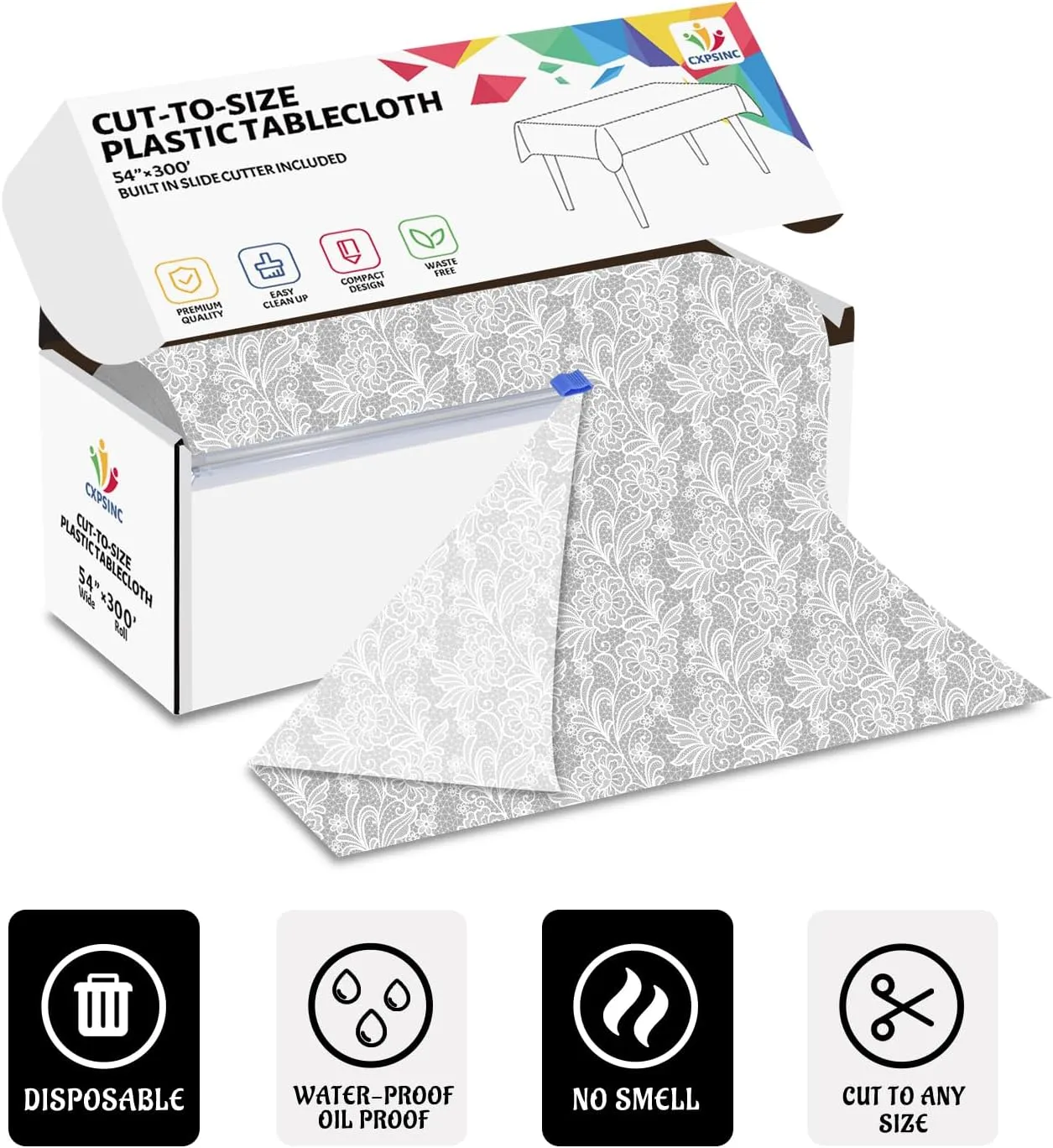 CXPSINC Plastic Table Cover Roll with Slide Cutter, Disposable Tablecloth Roll for Picnic, Party, Banquet, Birthdays, Weddings (Lace, 54 Inch X 300 Feet)