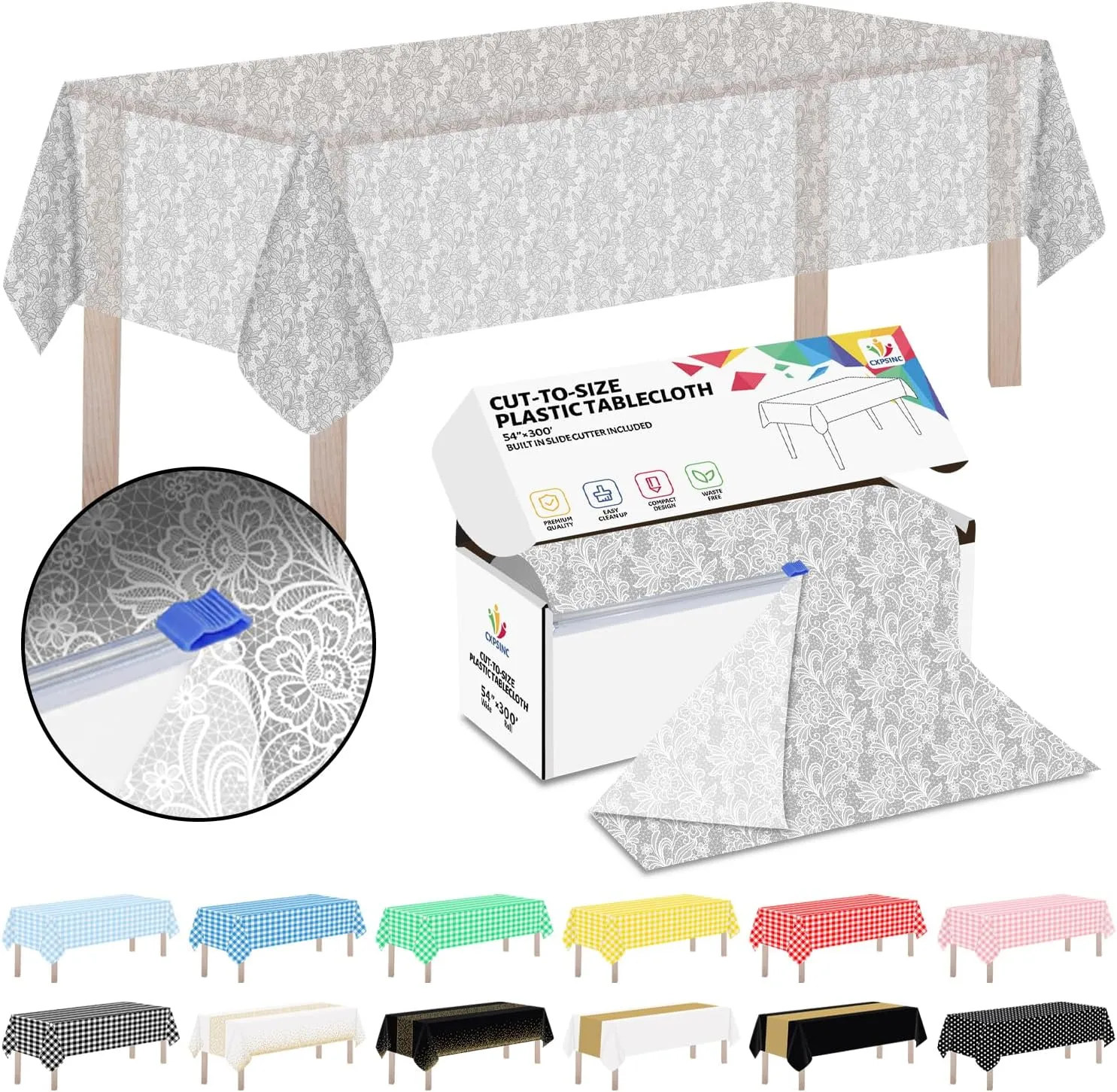 CXPSINC Plastic Table Cover Roll with Slide Cutter, Disposable Tablecloth Roll for Picnic, Party, Banquet, Birthdays, Weddings (Lace, 54 Inch X 300 Feet)