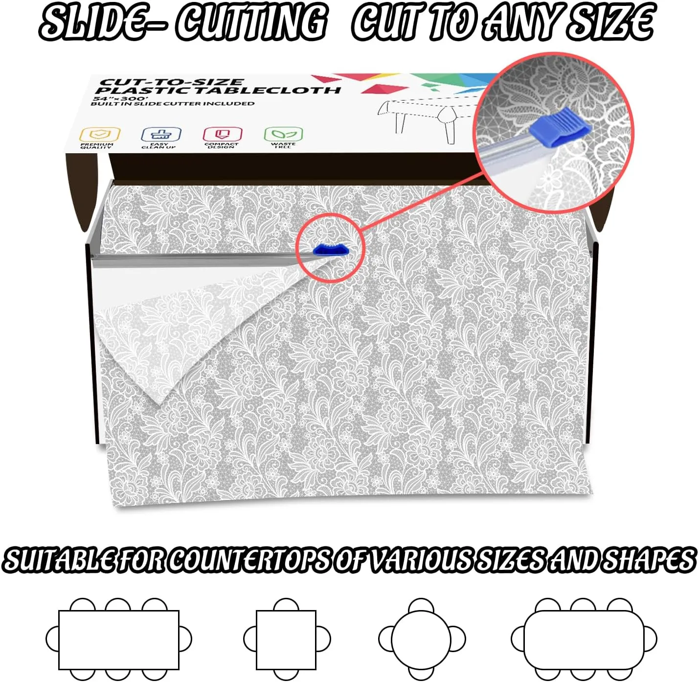 CXPSINC Plastic Table Cover Roll with Slide Cutter, Disposable Tablecloth Roll for Picnic, Party, Banquet, Birthdays, Weddings (Lace, 54 Inch X 300 Feet)