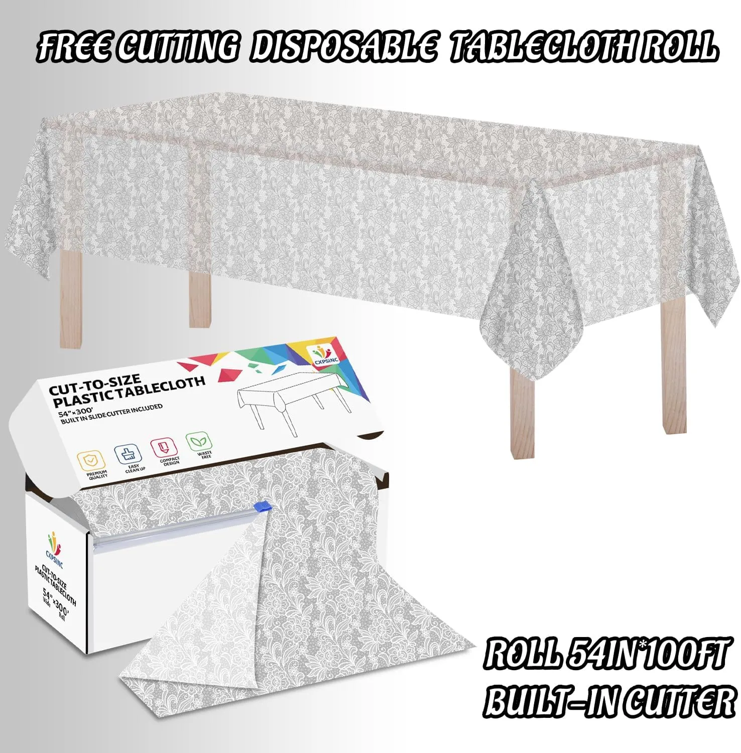 CXPSINC Plastic Table Cover Roll with Slide Cutter, Disposable Tablecloth Roll for Picnic, Party, Banquet, Birthdays, Weddings (Lace, 54 Inch X 300 Feet)