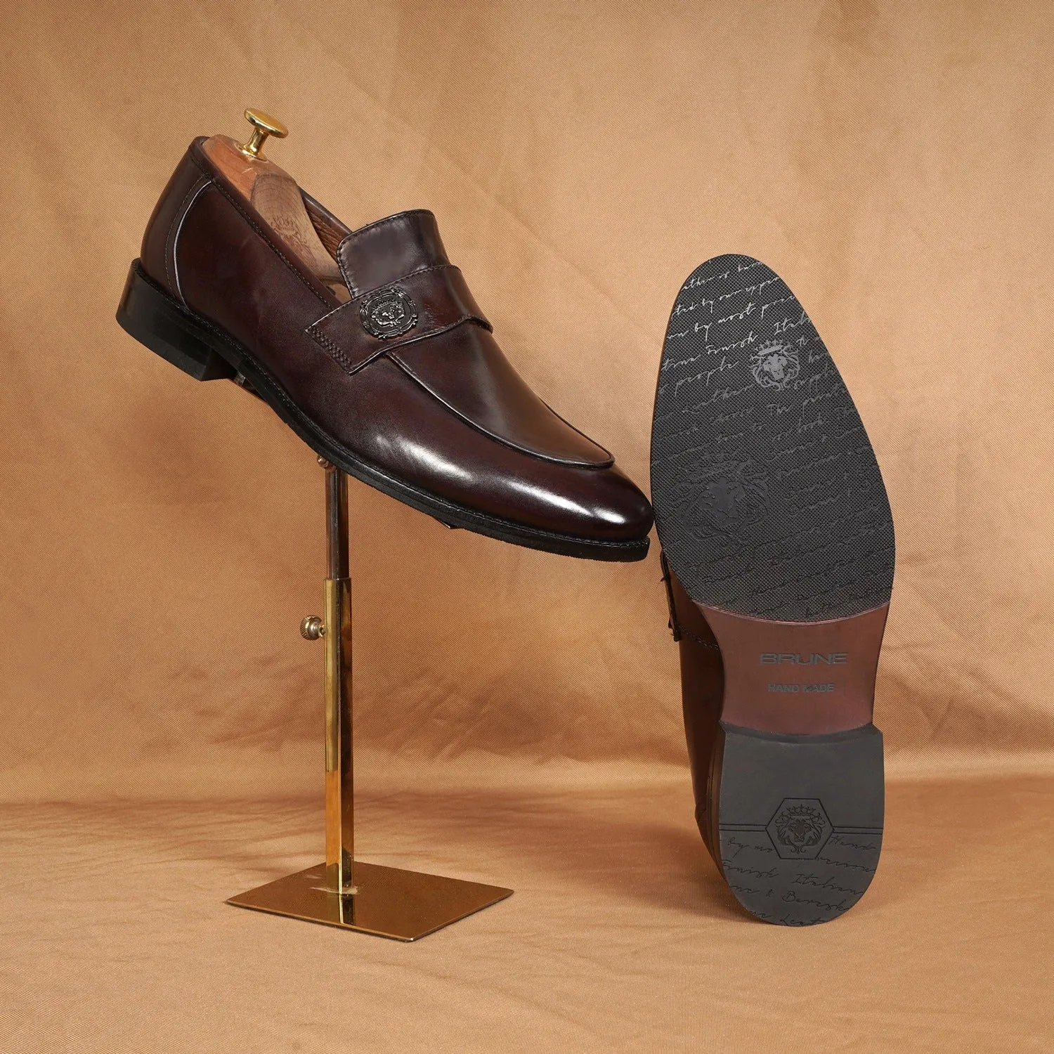 Dark Brown Formal Slip on with Gun Metal Lion Logo