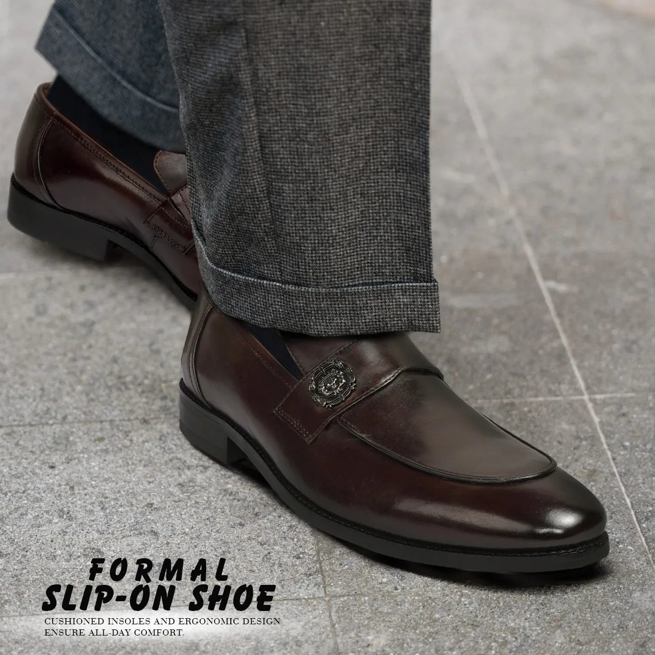 Dark Brown Formal Slip on with Gun Metal Lion Logo