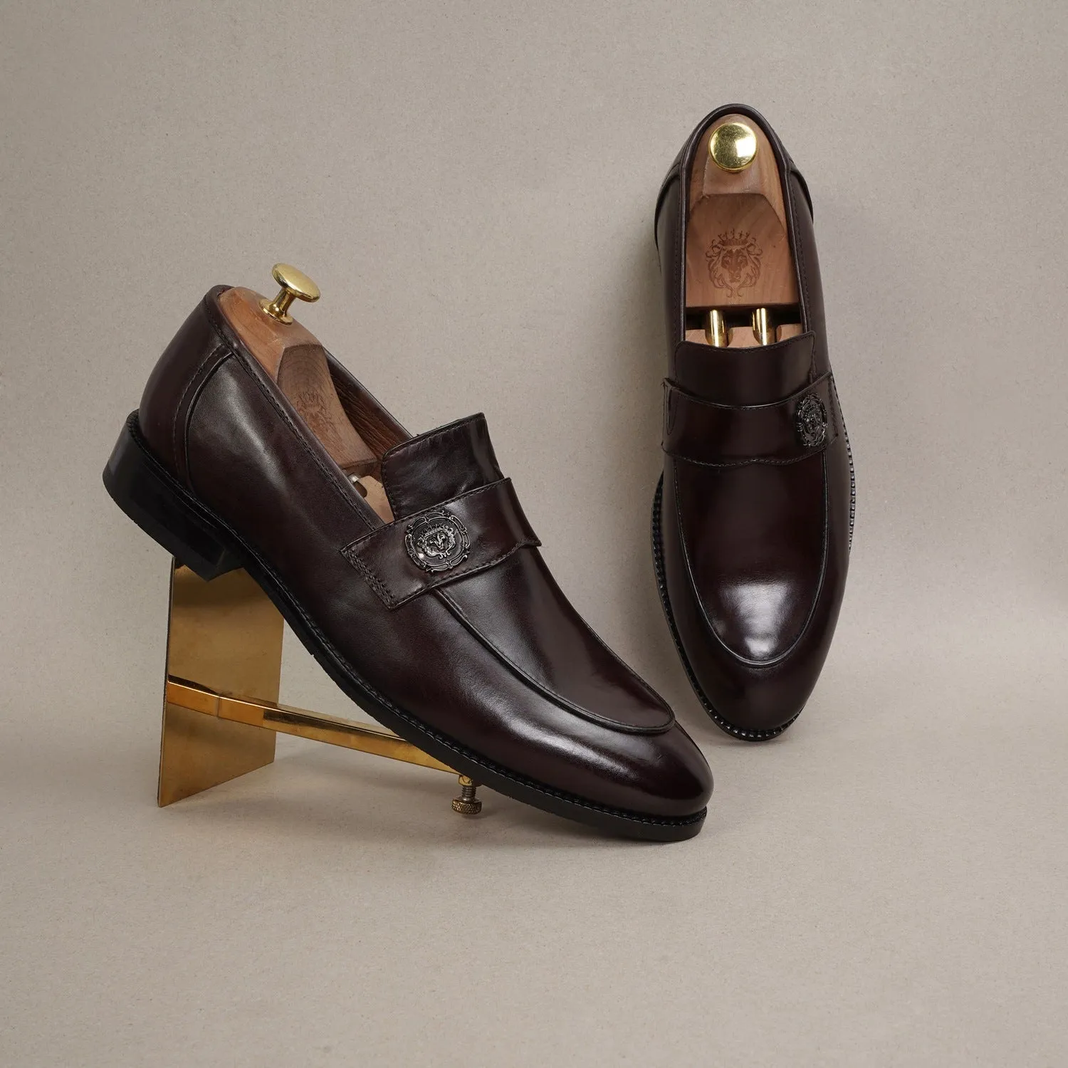 Dark Brown Formal Slip on with Gun Metal Lion Logo