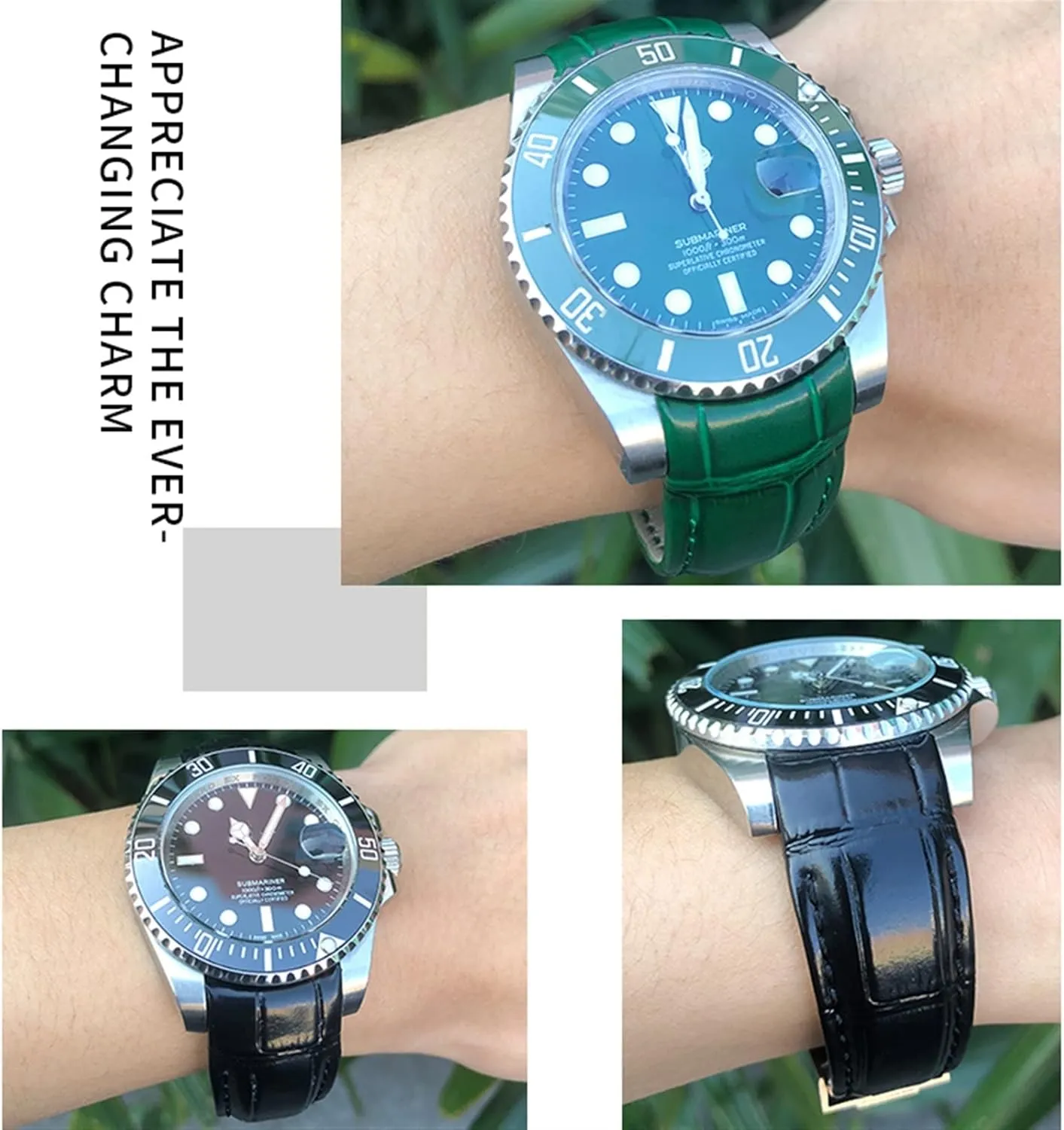DASEB Curved End Genuine Leather 20mm Slide Lock Buckle Watchband for Rolex GMT Submariner Hulk Oyster Watch Strap