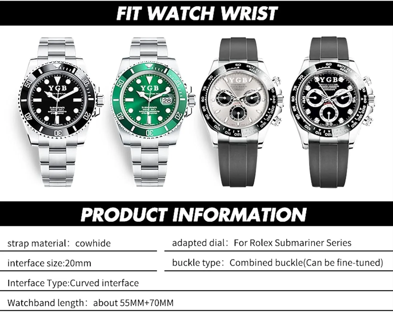 DASEB Curved End Genuine Leather 20mm Slide Lock Buckle Watchband for Rolex GMT Submariner Hulk Oyster Watch Strap