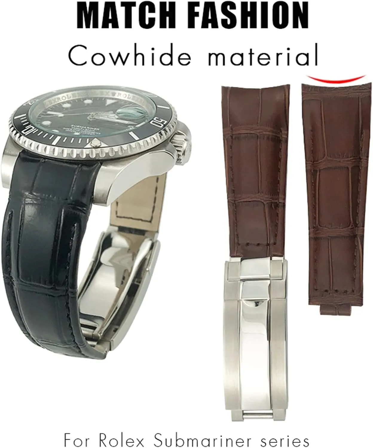 DASEB Curved End Genuine Leather 20mm Slide Lock Buckle Watchband for Rolex GMT Submariner Hulk Oyster Watch Strap